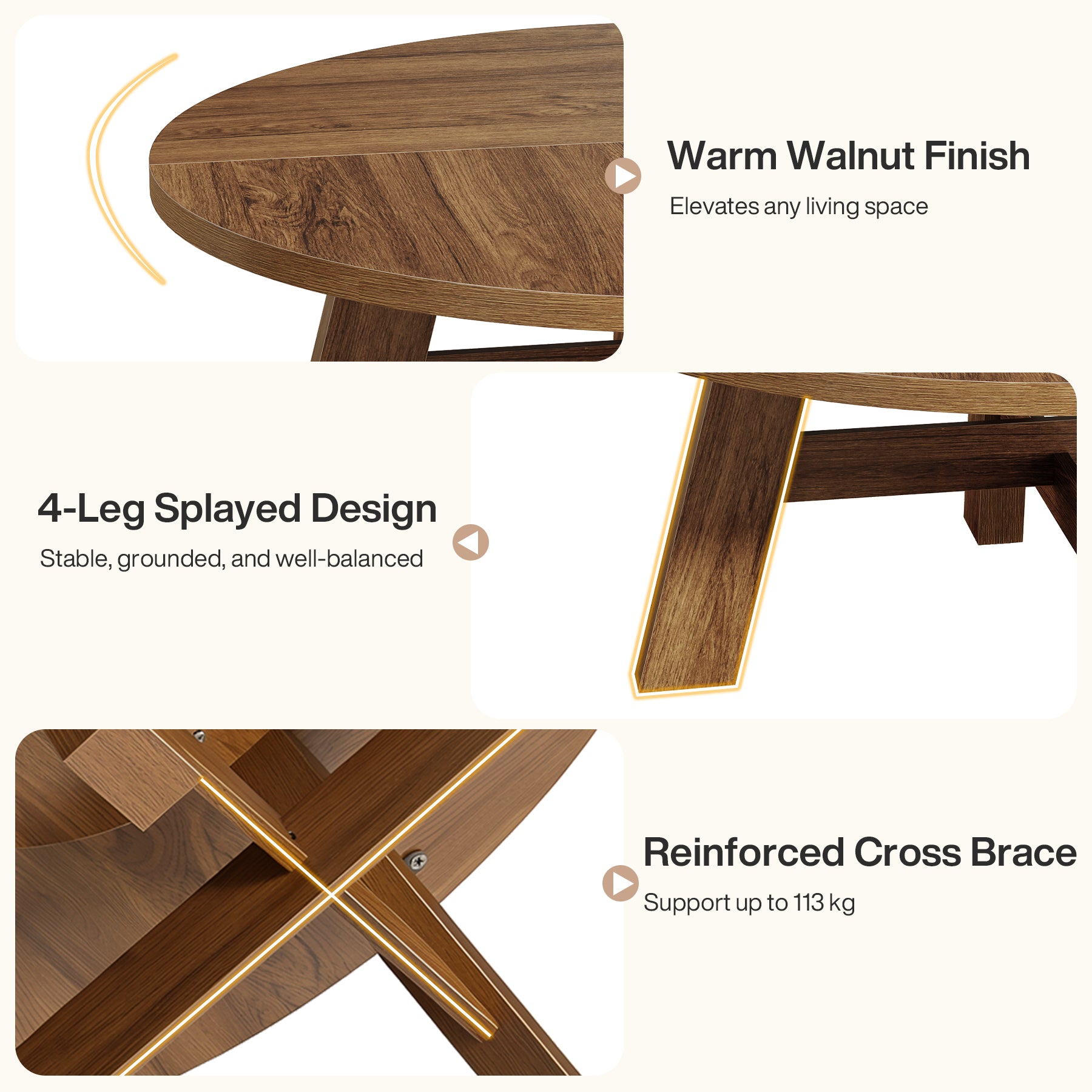 Runder Couchtisch 80 cm im Mid-Century-Stil, Wohnzimmertisch aus Holz mit verstärkter Kreuzstrebe