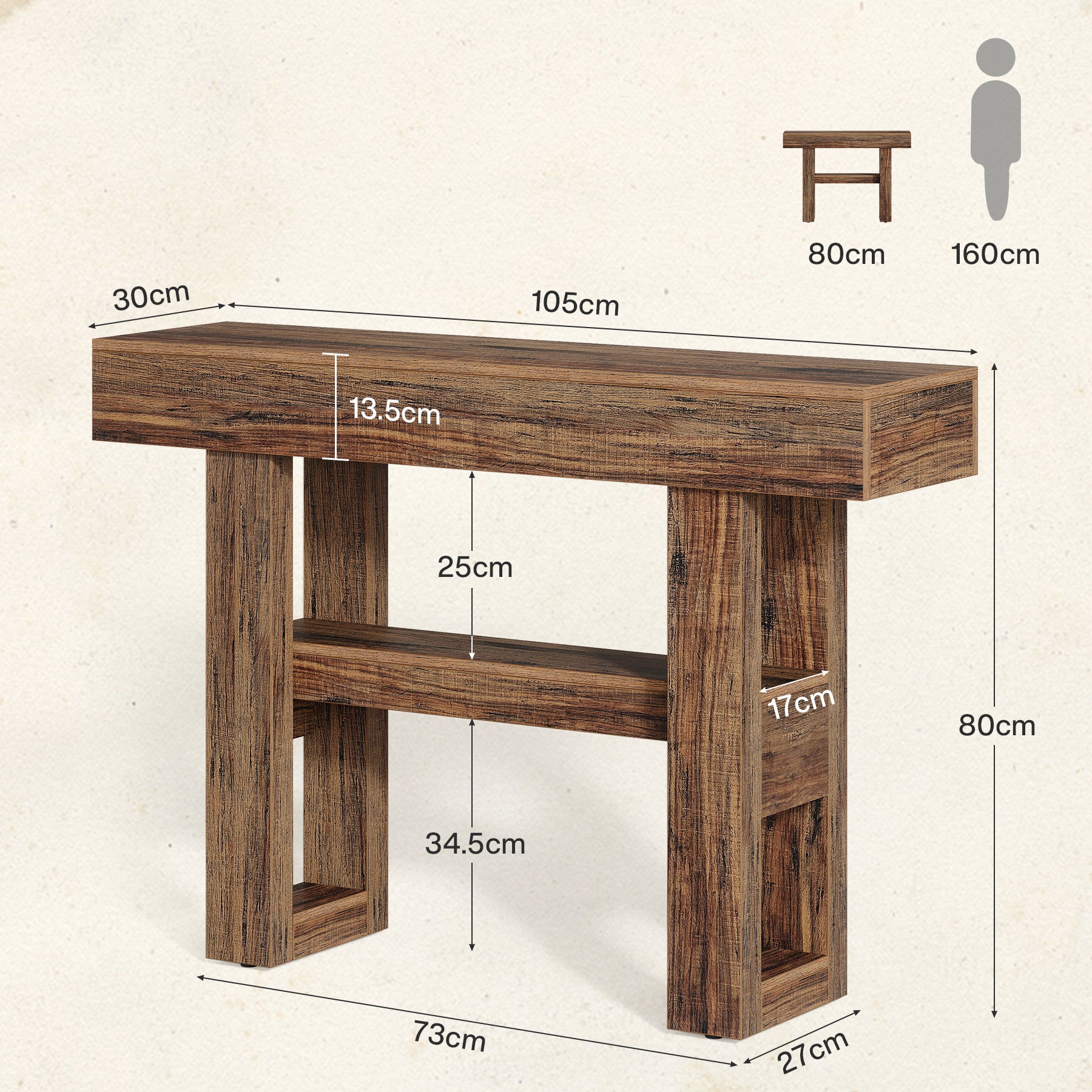 105 cm Farmhouse Konsoletisch mit 2 Ebenen - Schmaler Flurtisch in Rustikalbraun mit Ablagefächern
