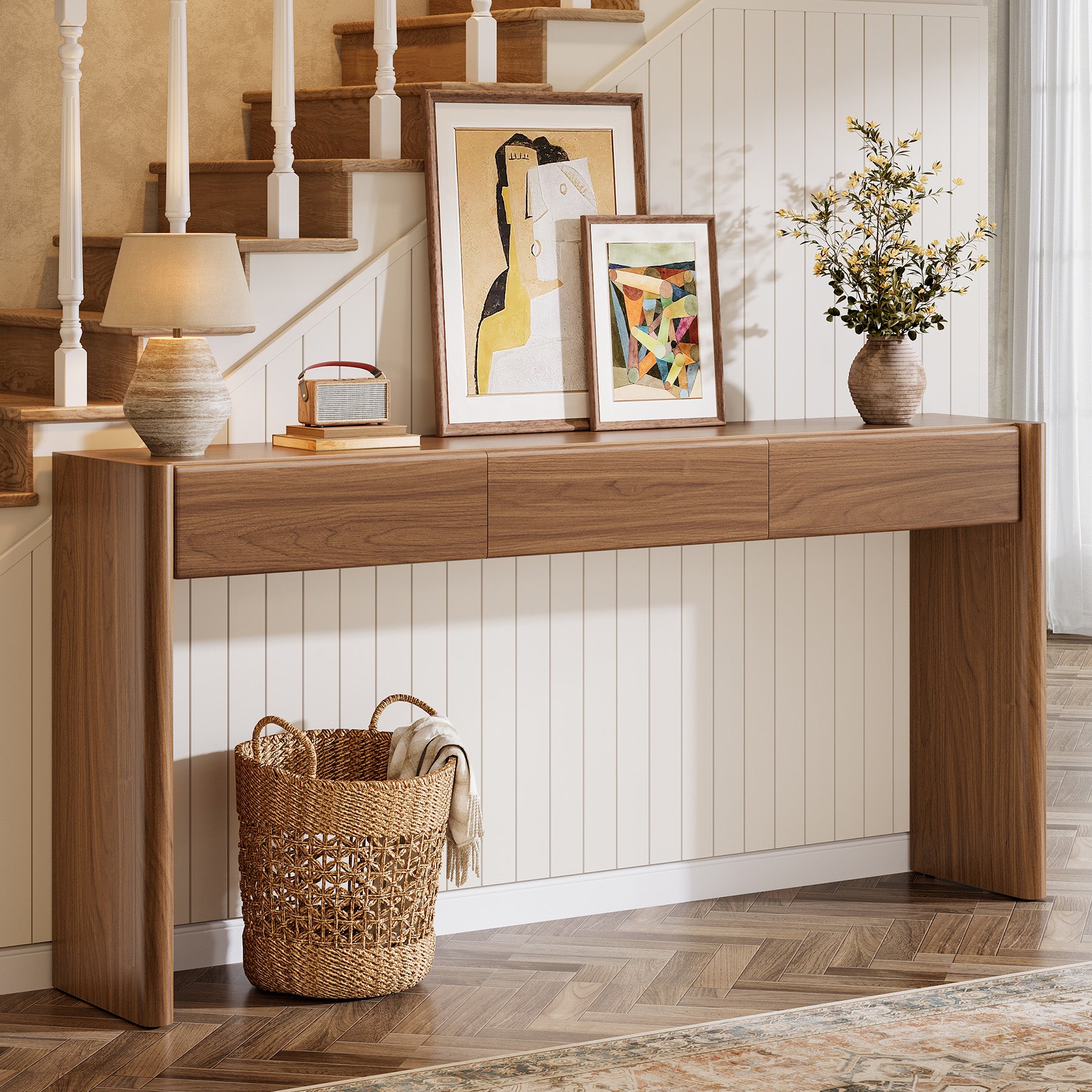 Konsolentisch 180 cm mit 3 Schubladen – Schmaler Flurtisch in Vintagebraun, Holz Sofatisch mit Ablage