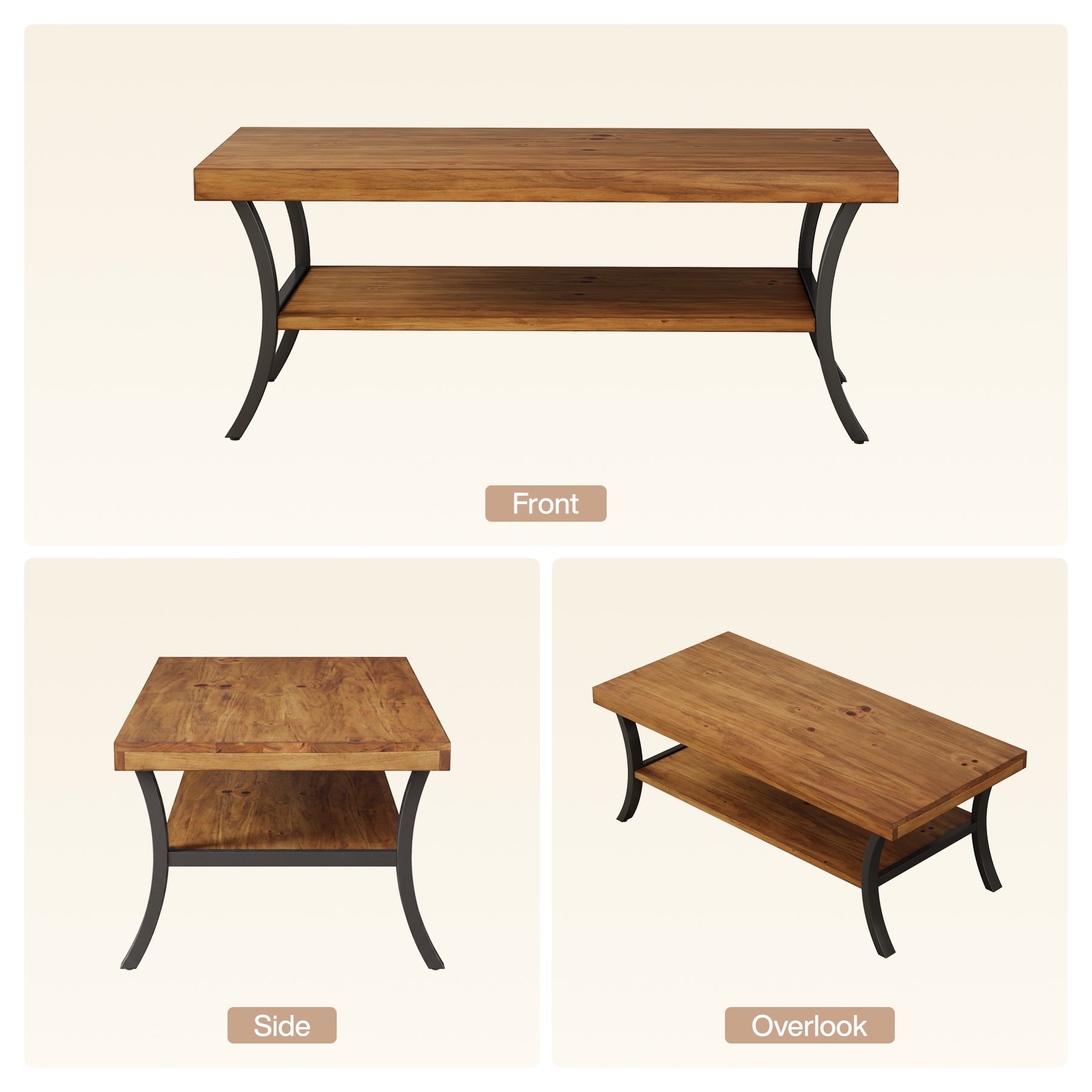 Tribesigns Massivholz Couchtisch 120 cm mit Ablage, 2-stufiger Wohnzimmertisch mit geschwungenen Metallbeinen