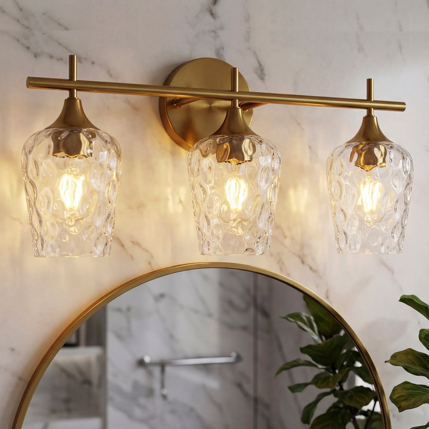 Tribesigns 3-flammige LED-Bad-Wandleuchte Gold mit Strukturglas, E27 Spiegelleuchte