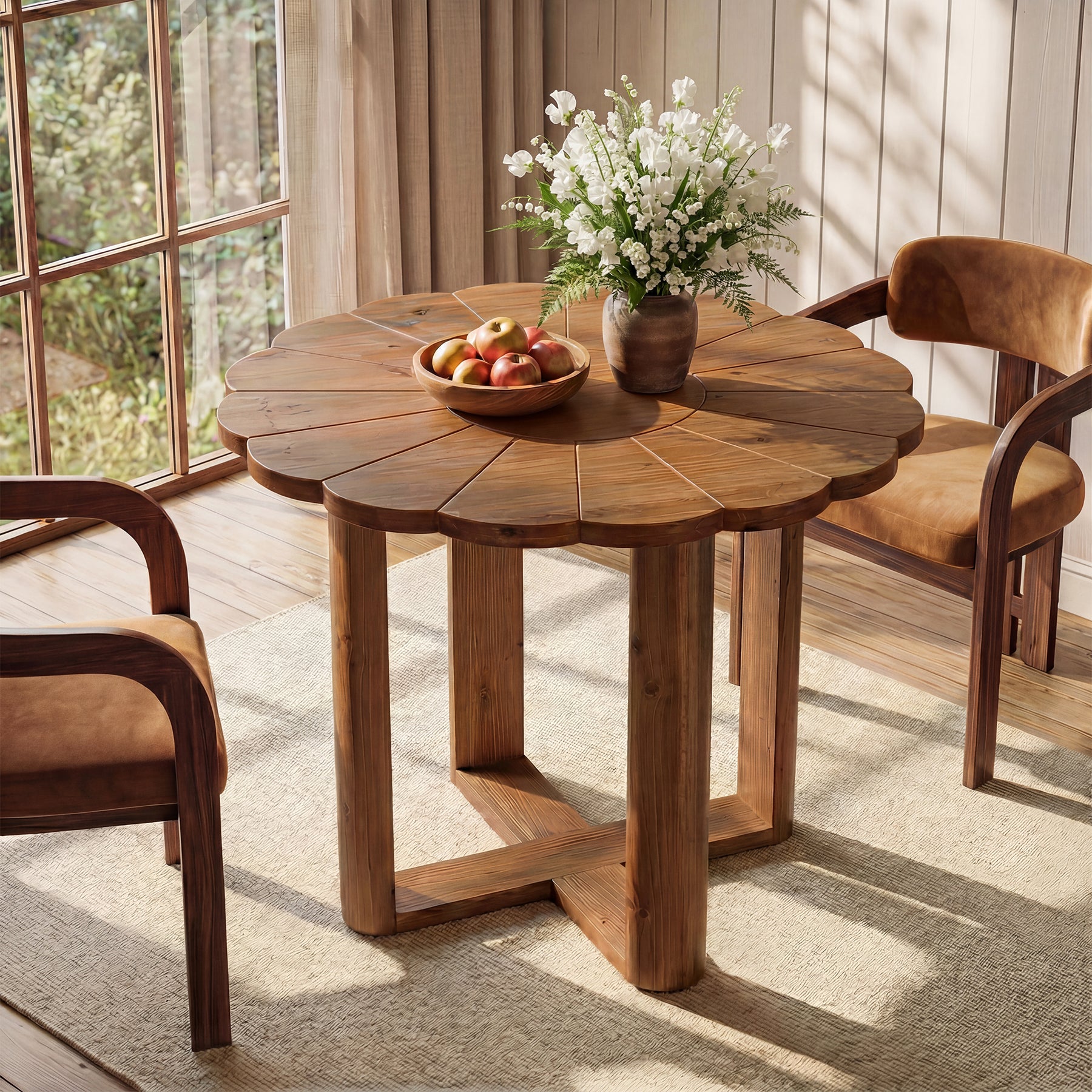 Tribesigns Massivholz Esstisch Rund 80 cm 2–4 Personen, Landhaus Eszimmertisch mit Floralem Schnitzmuster