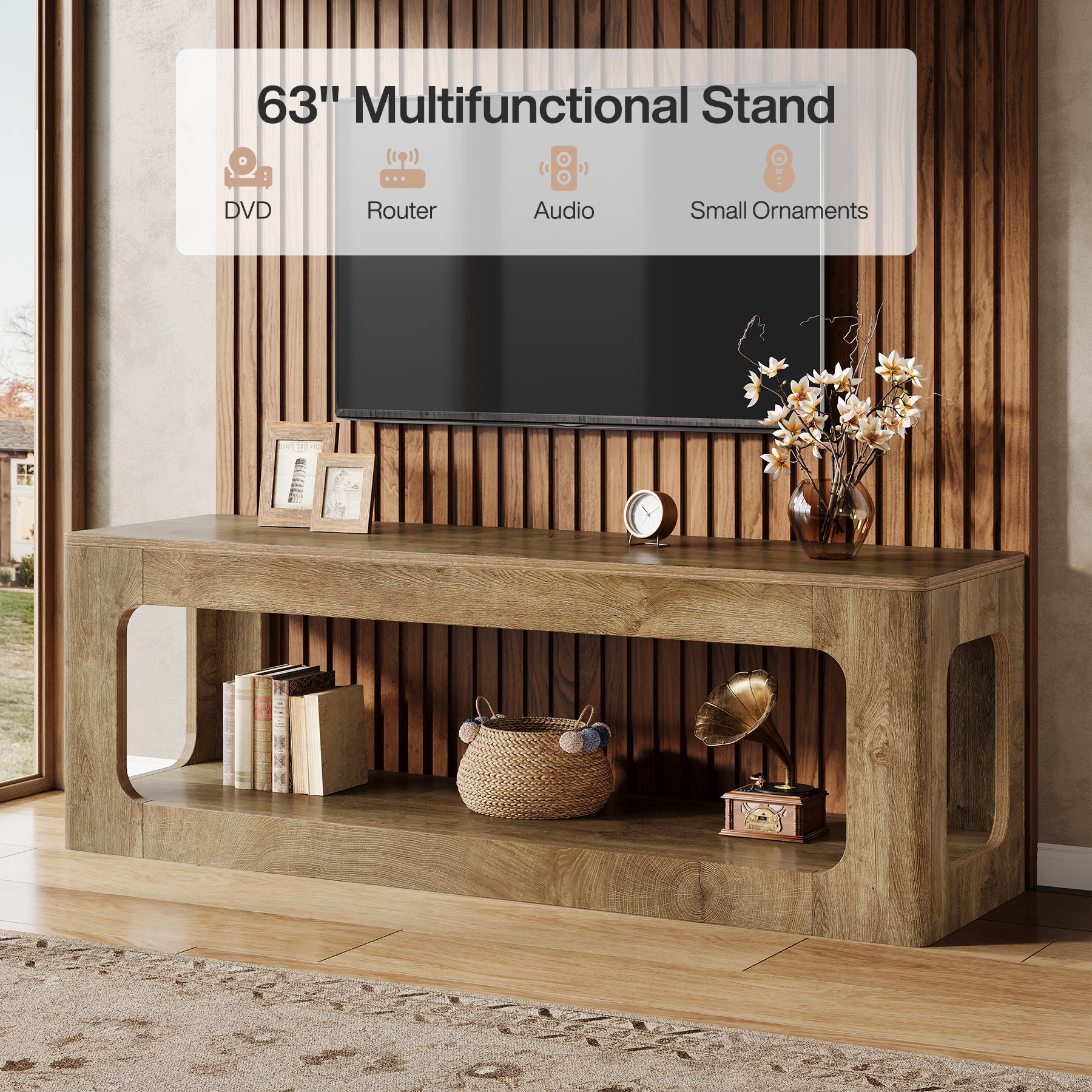 Tribesigns TV-Lowboard 160 cm im Landhausstil, TV-Schrank für 55–75 Zoll Fernseher mit 2 Ebenen