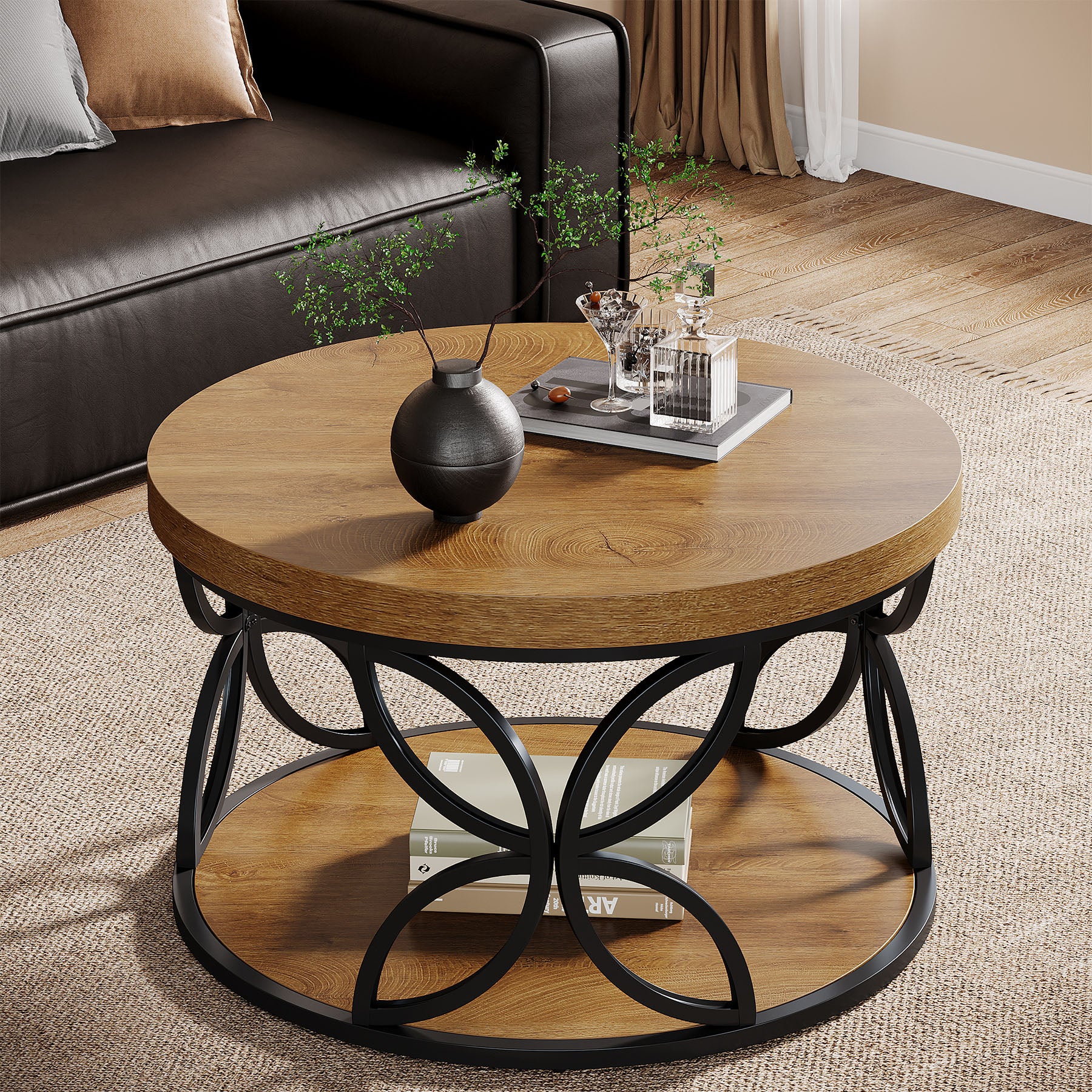 Runder 80 cm Couchtisch mit Stauraum, 2-Ebenen Wohnzimmertisch in Rustikaler Holzoptik und schwarzem Metall