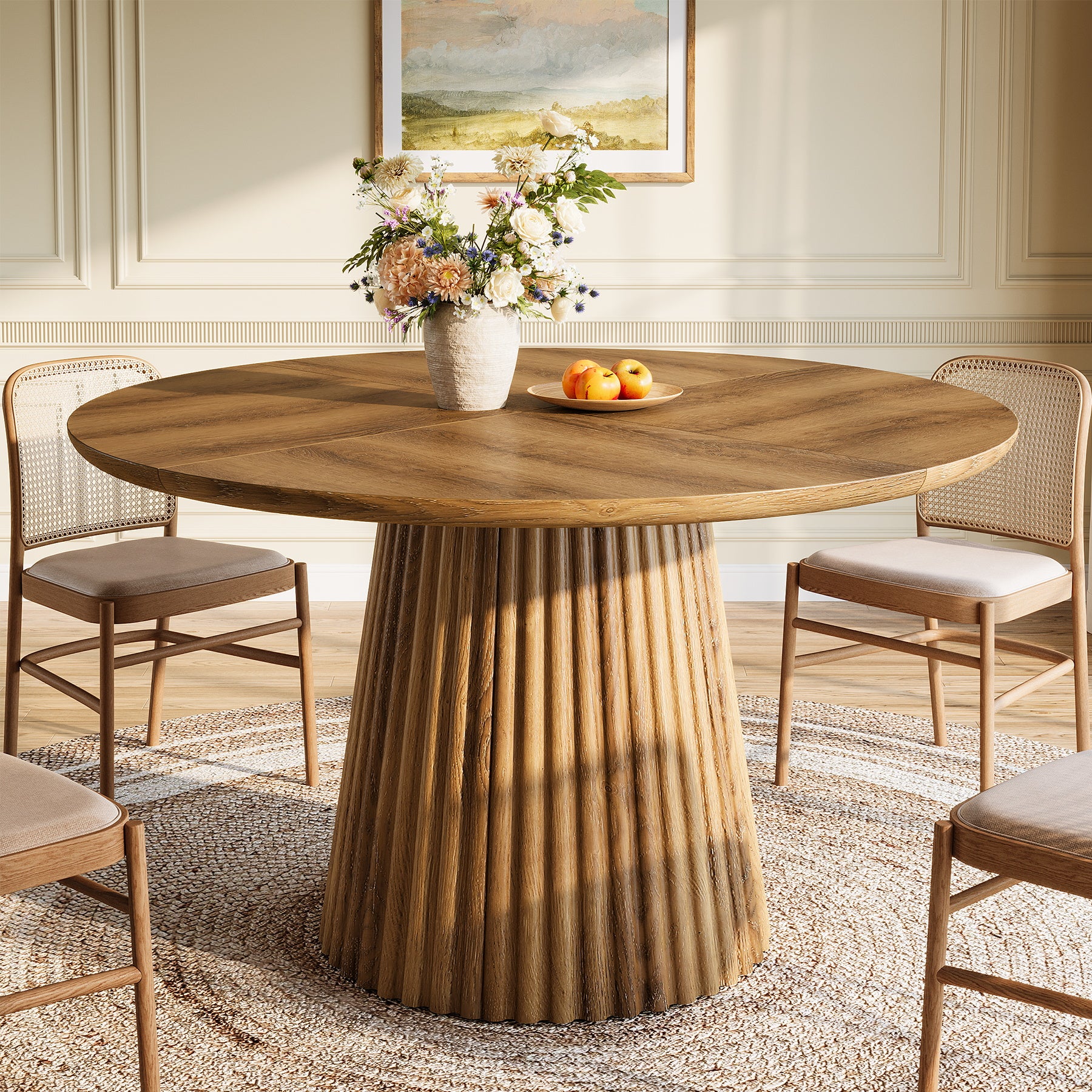 Runder Esstisch 120 cm aus Holz, Landhaus-Küchentisch für 4–6 Personen mit geriffeltem Sockel