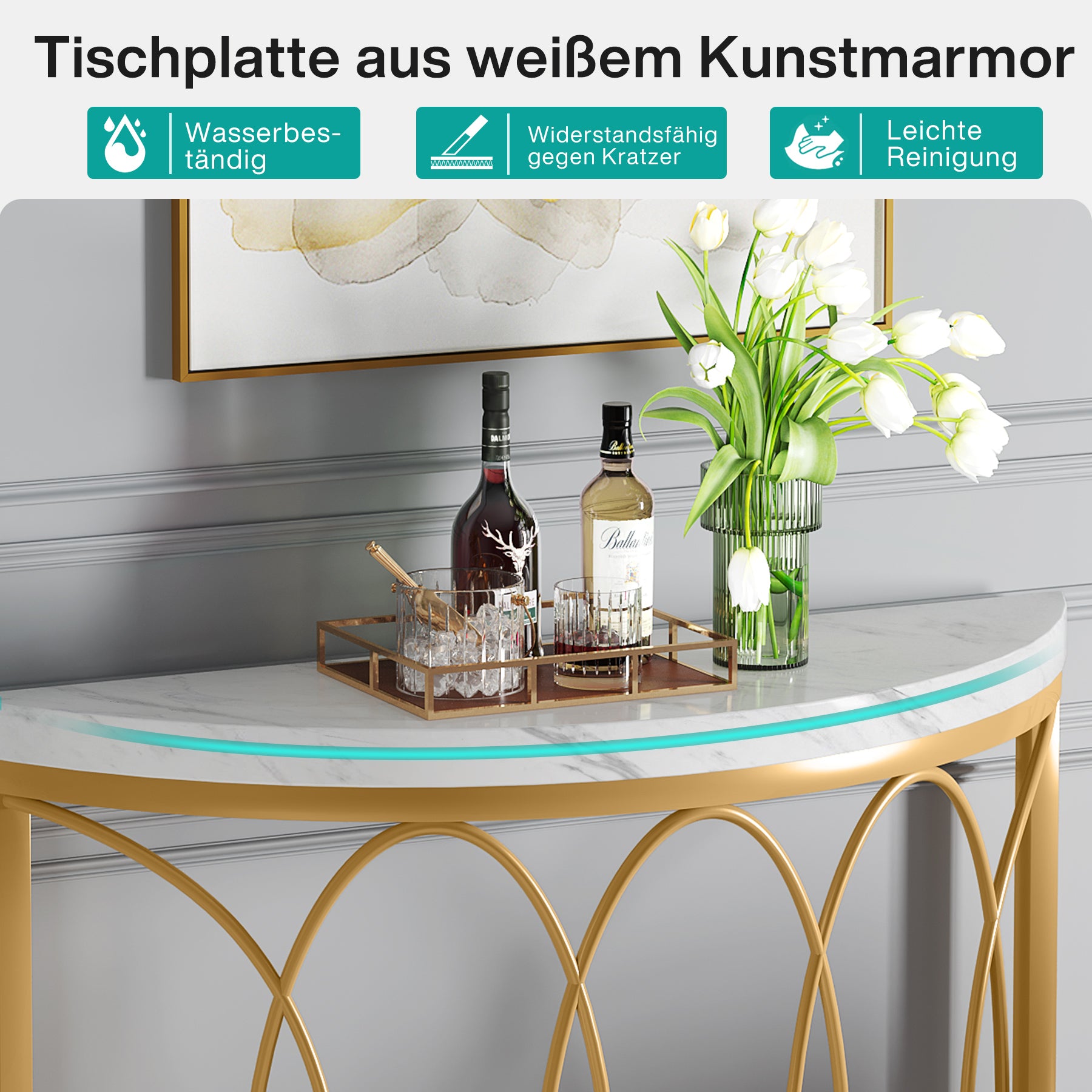 Gold Konsolentisch - Beistelltisch mit Metallgestell und Halbmond-Design