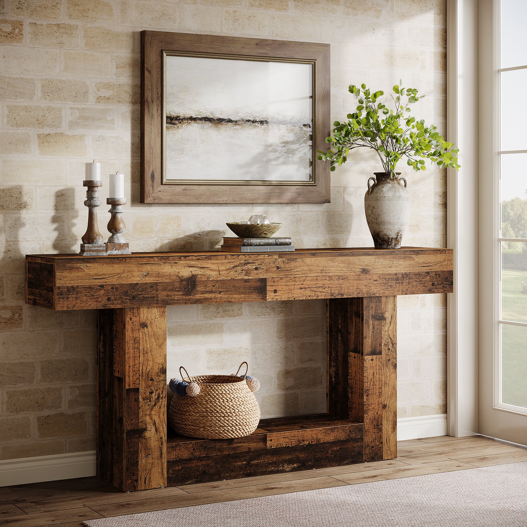 160 CM Konsolentisch aus Holz, Bauernhaus-Sofatisch mit 2 Ebenen, Eingangstisch