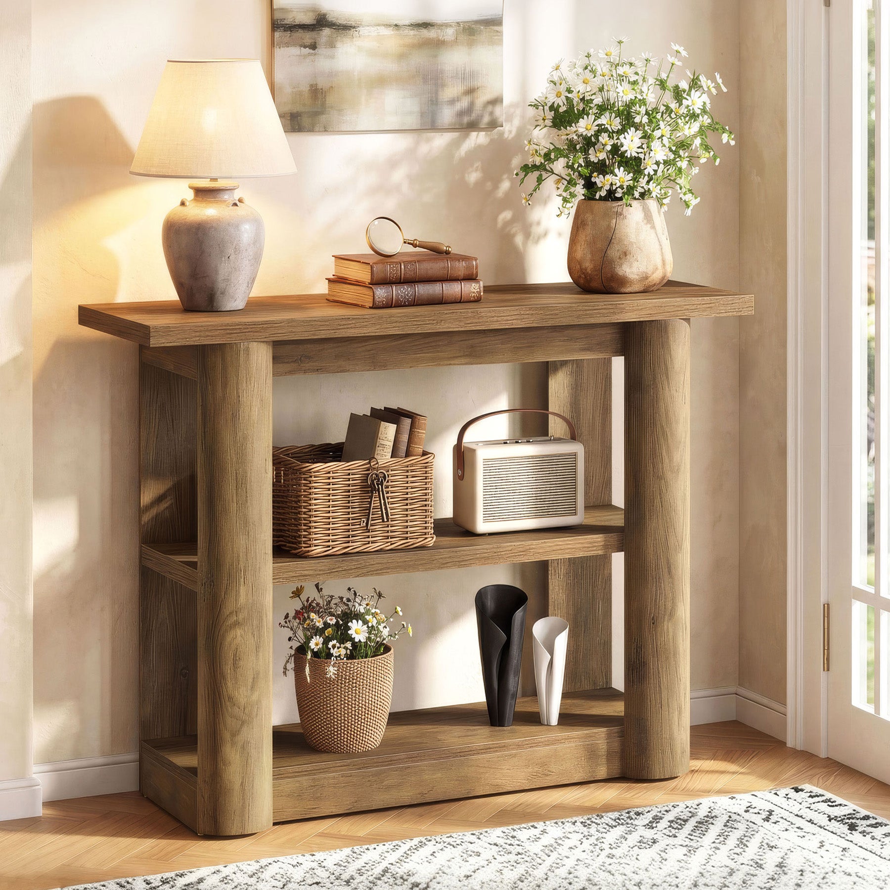 Tribesigns Konsolentisch Landhausstil 105 cm, Schmaler Flurtisch mit 3 Ablagen & Stauraum