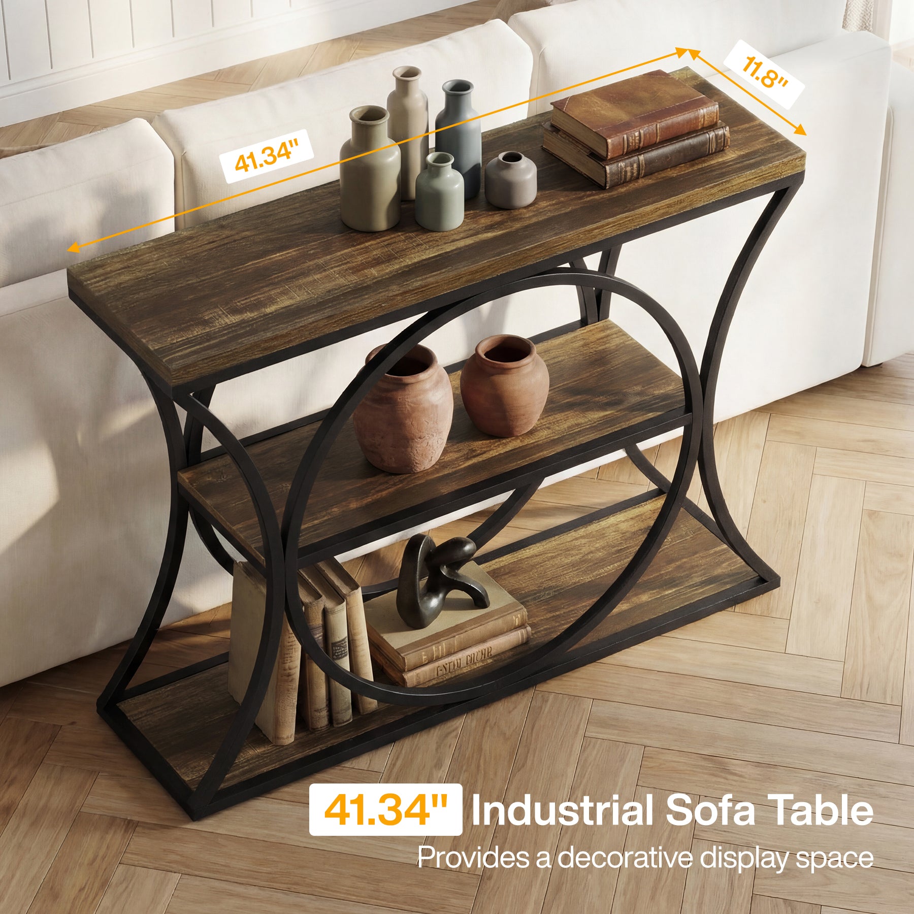 Tribesigns Konsolentisch Industrial, 105 cm schmaler Flurtisch mit 3 Ablagen & Metallbogen-Gestell