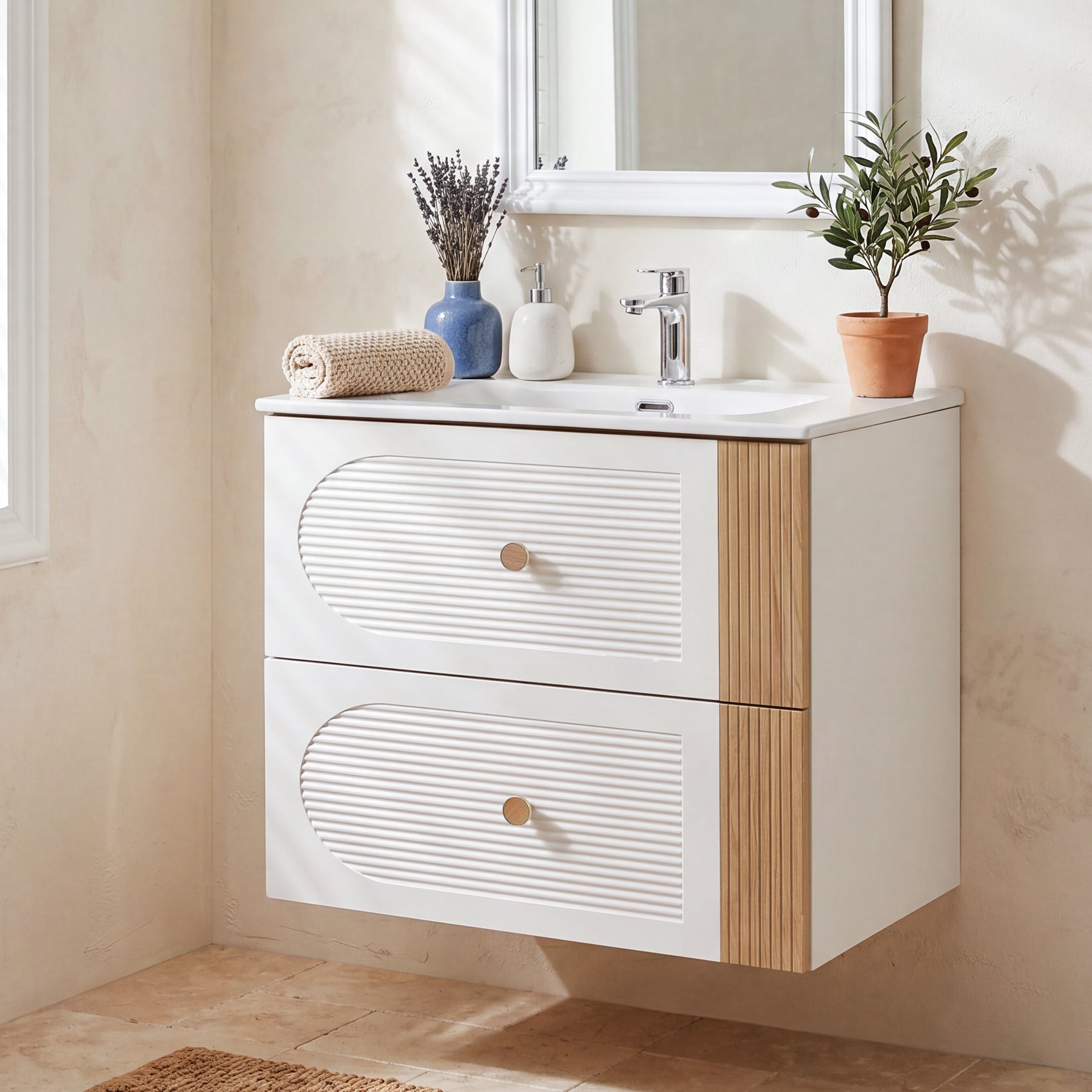 Tribesigns Waschtisch mit Keramikbecken 60 cm, Wandhängender Waschtischunterschrank mit 2 Soft-Close-Schubladen
