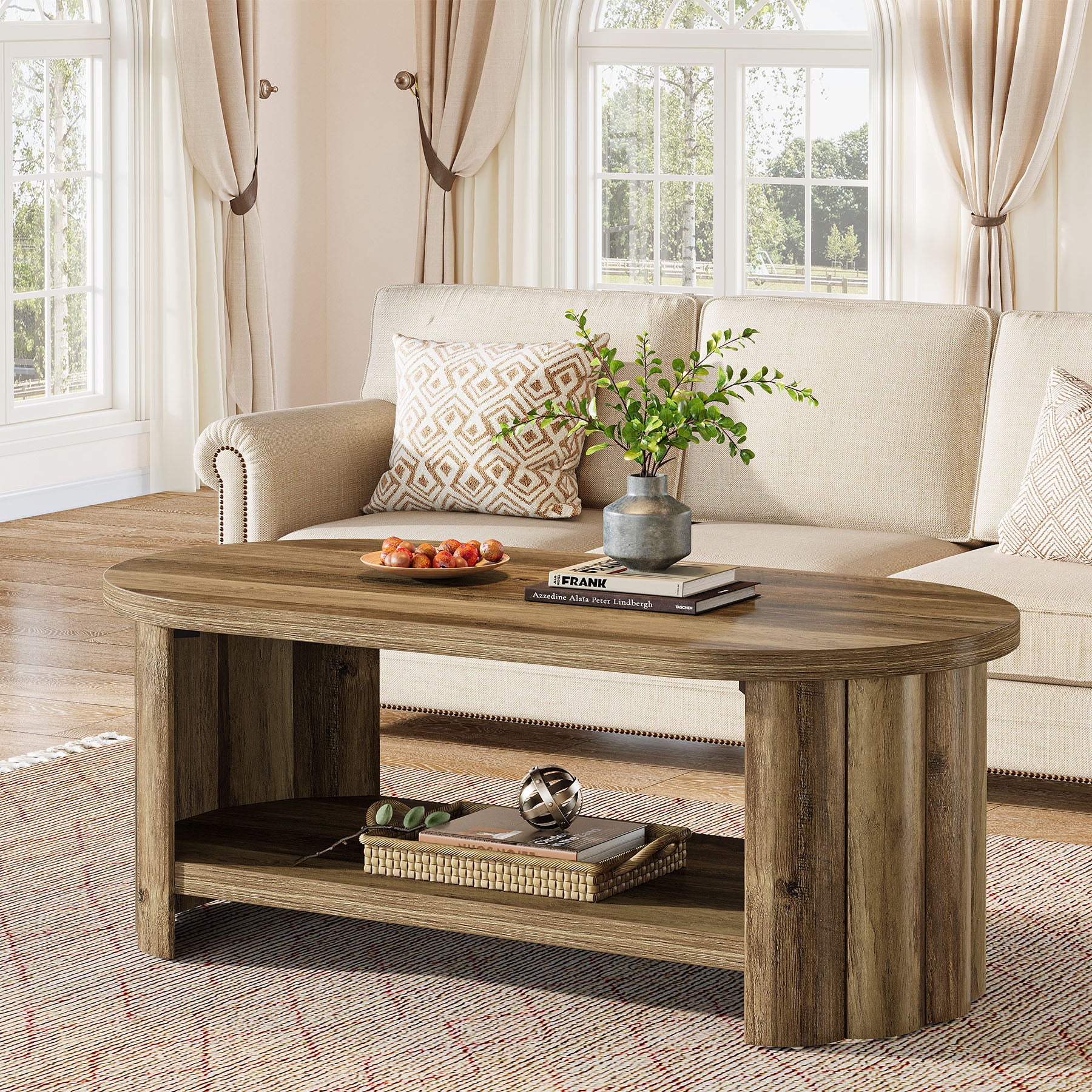 Tribesigns Ovaler Couchtisch 120 cm mit Ablagefach, Landhaus Wohnzimmertisch mit geriffeltem Standfuß
