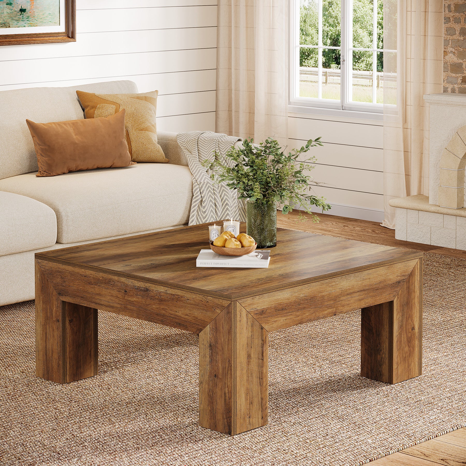 100 cm Quadratischer Couchtisch, Wohnzimmertisch aus Holz mit robusten Beinen für Sofa & Schlafzimmer
