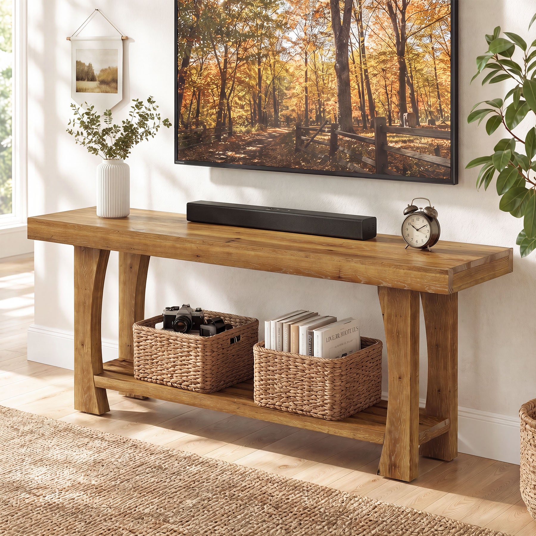 Tribesigns Massivholz TV-Lowboard für 55–70 Zoll Fernseher,  TV-Schrank mit 2 Ebenen Ablage & konischen Holzbeinen