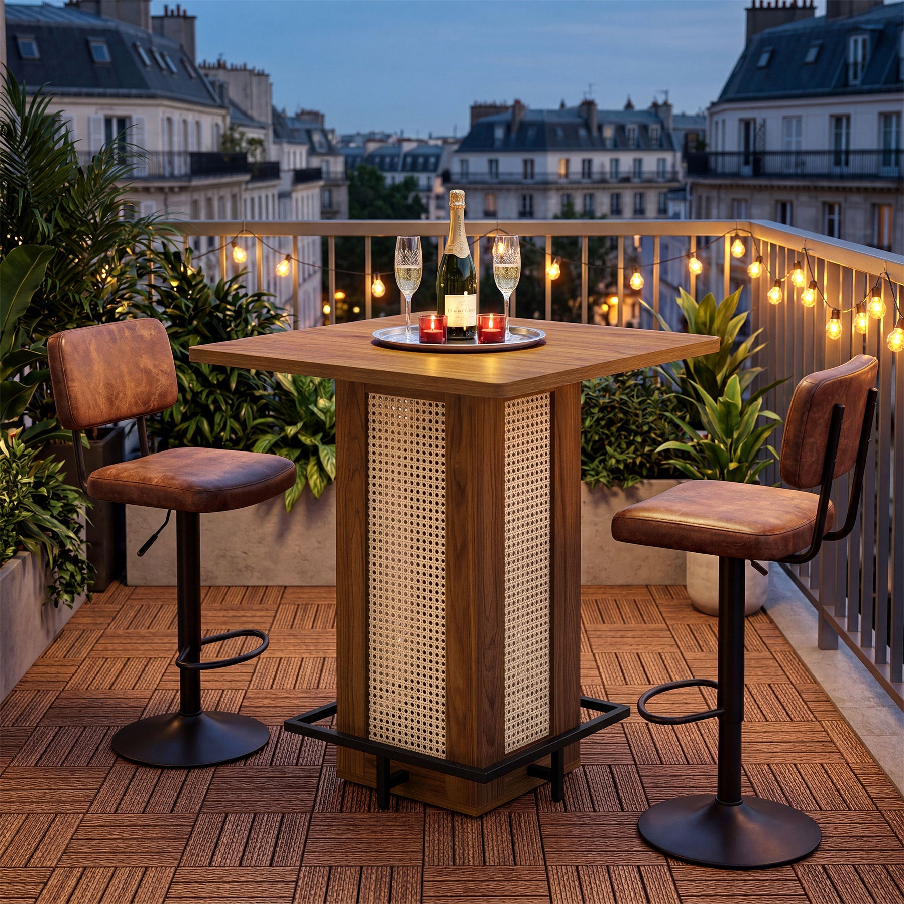 Tribesigns Quadratischer Bartisch im Landhausstil, kompakter Stehtisch mit Rattan-Optik & Metall-Fußstütze