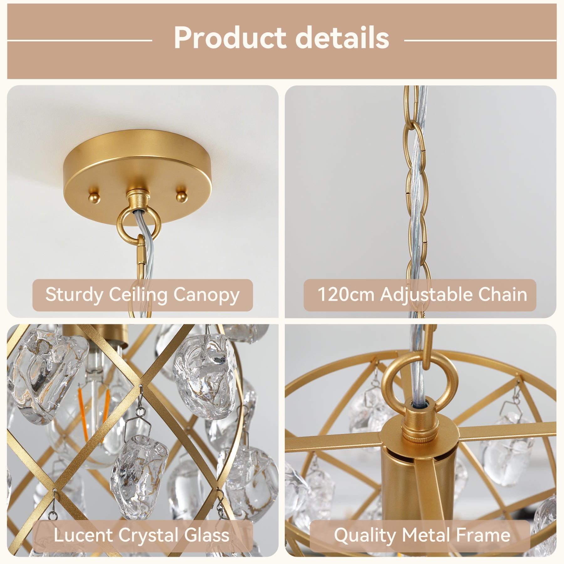 Tribesigns Goldene Pendelleuchte mit Glaskristallen, E27 Hängelampe im modernen Design, höhenverstellbarer Kronleuchter