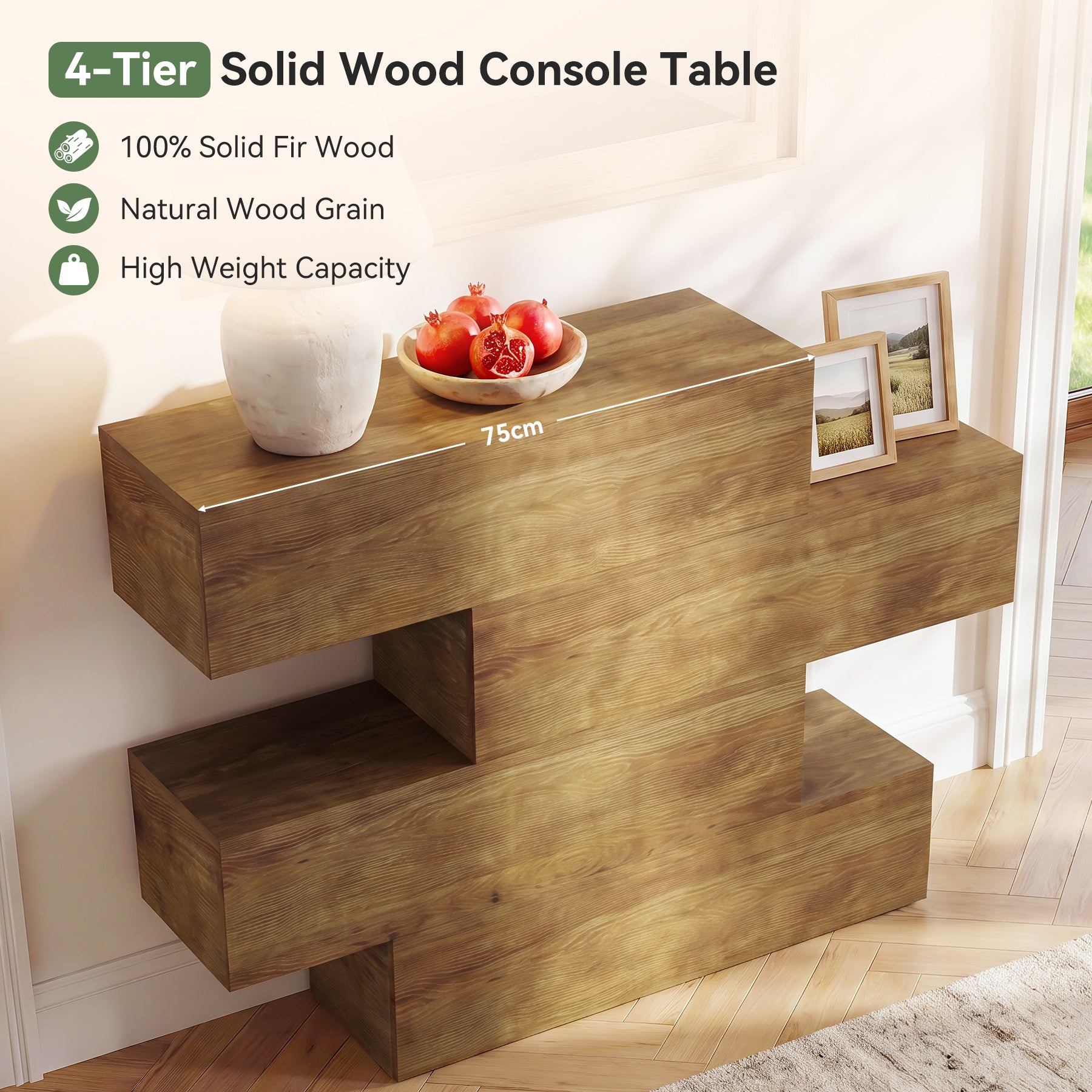 Tribesigns Massivholz Konsolentisch 110 cm mit 4 Ebenen, schmaler Flurtisch im Landhausstil