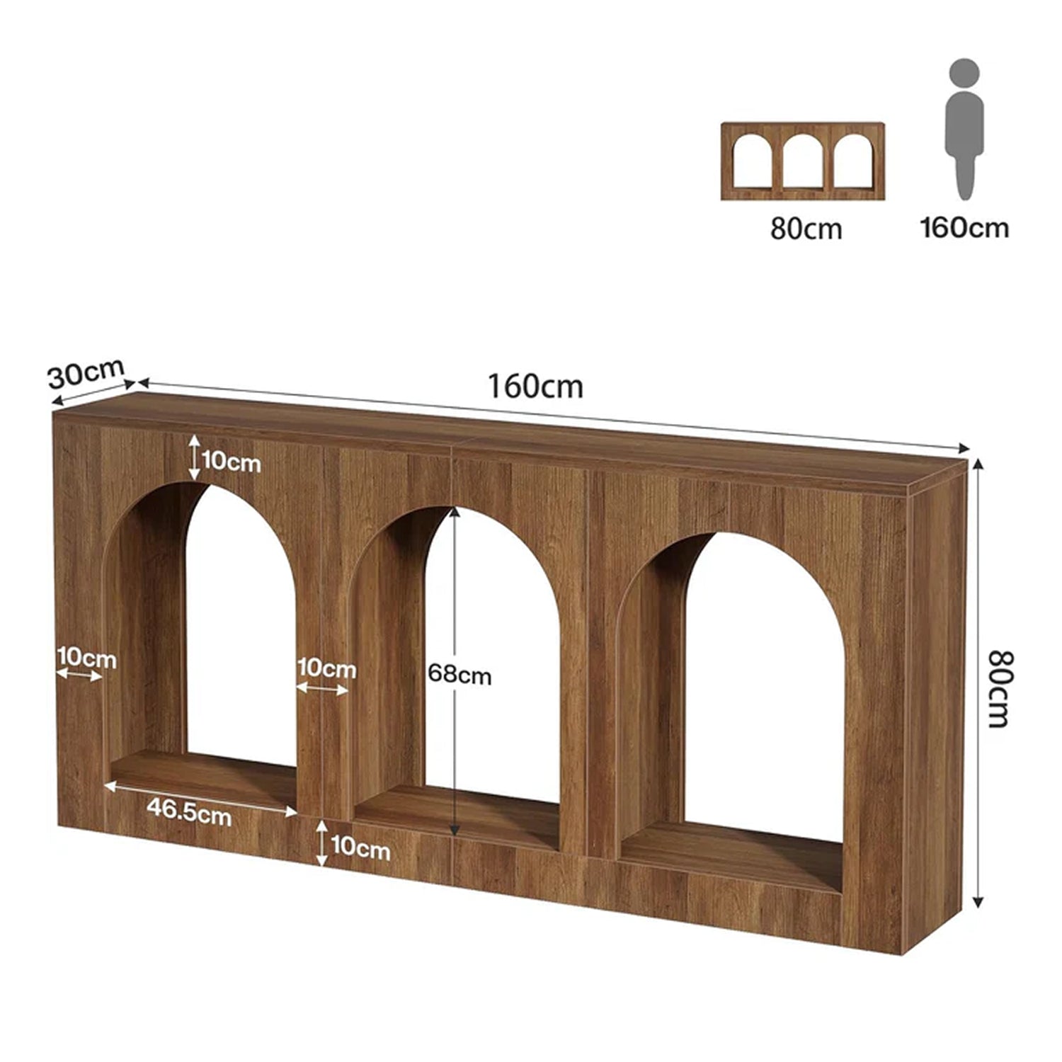 Konsolentisch 160 cm, Schmaler Holztisch mit 3 Bogenregalen, Sofatisch hinter Couch