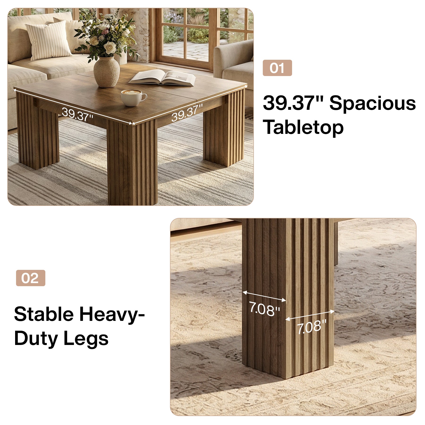 Tribesigns Quadratischer Couchtisch 100 cm, Wohnzimmertisch im Landhausstil mit geriffelten Beinen