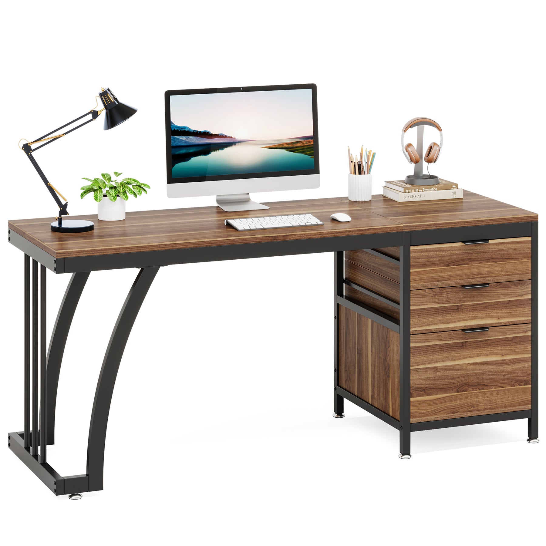 Industrieller Computertisch, 150 CM Schreibtisch mit umkehrbarem Schubladenschrank