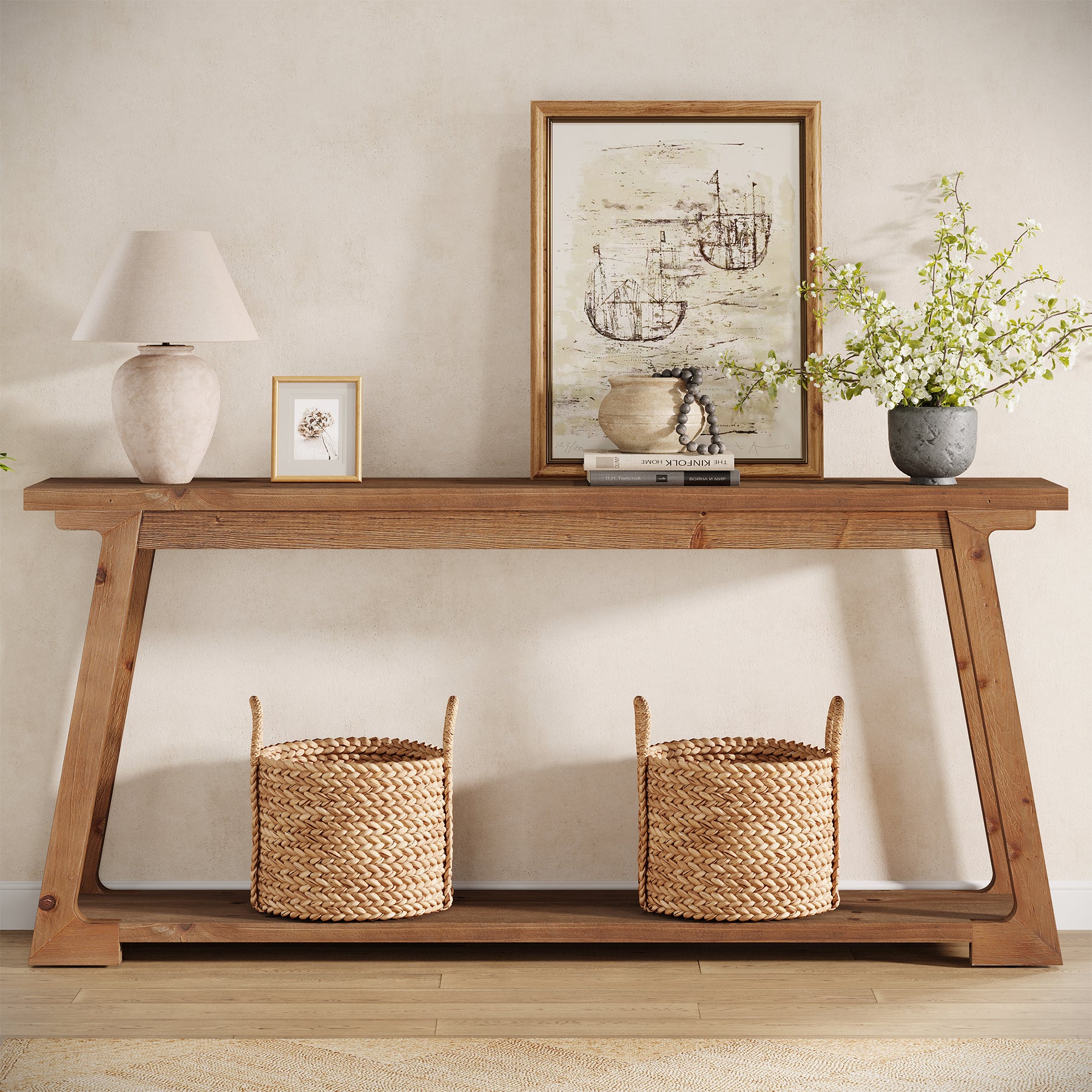 Tribesigns Massivholz Konsolentisch 160 cm hinter Sofa mit 2 Ablagen, langer Sofatisch schmal für Wohnzimmer & Flur