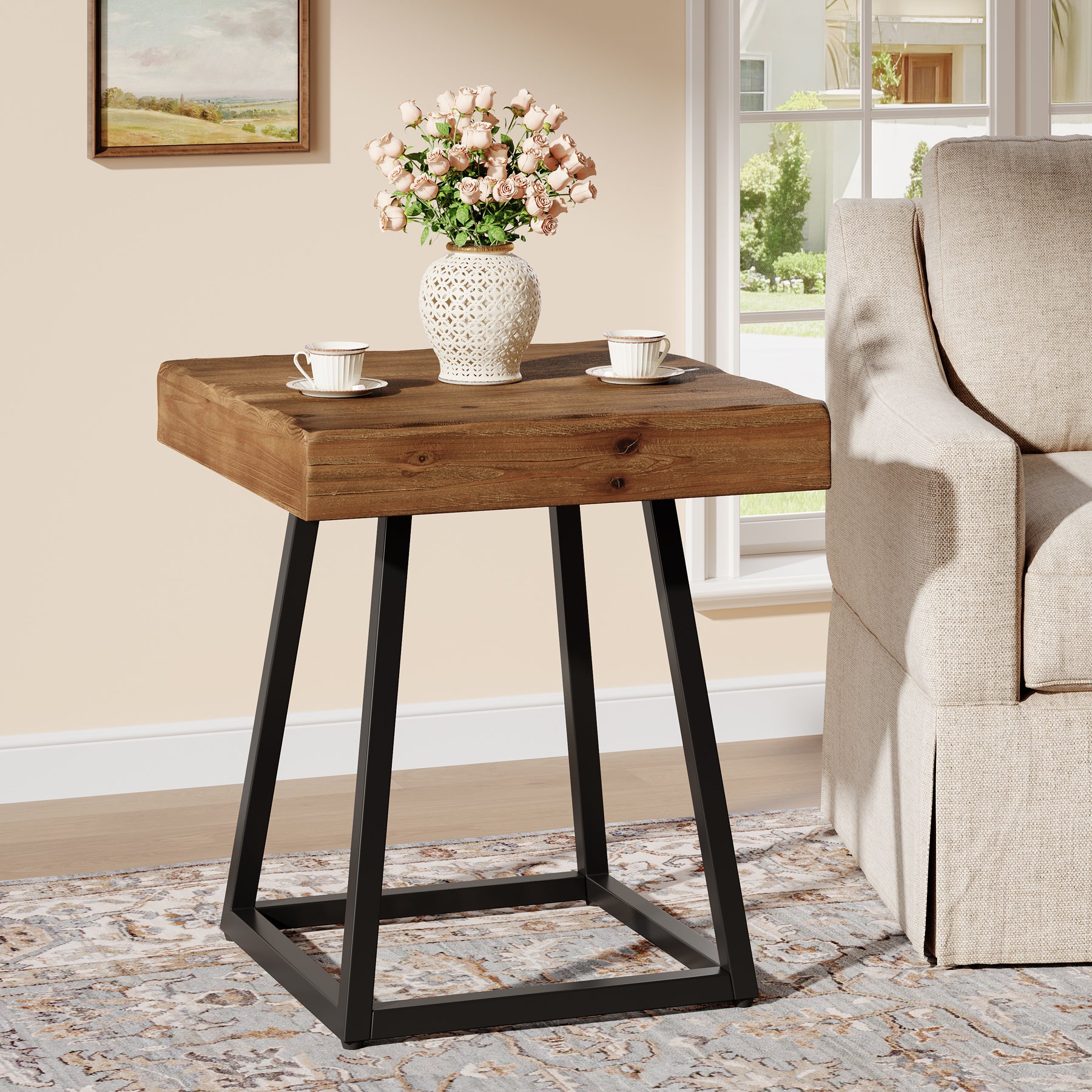 Tribesigns Beistelltisch aus Massivholz 50 cm, Quadratischer Nachttisch mit Metallgestell