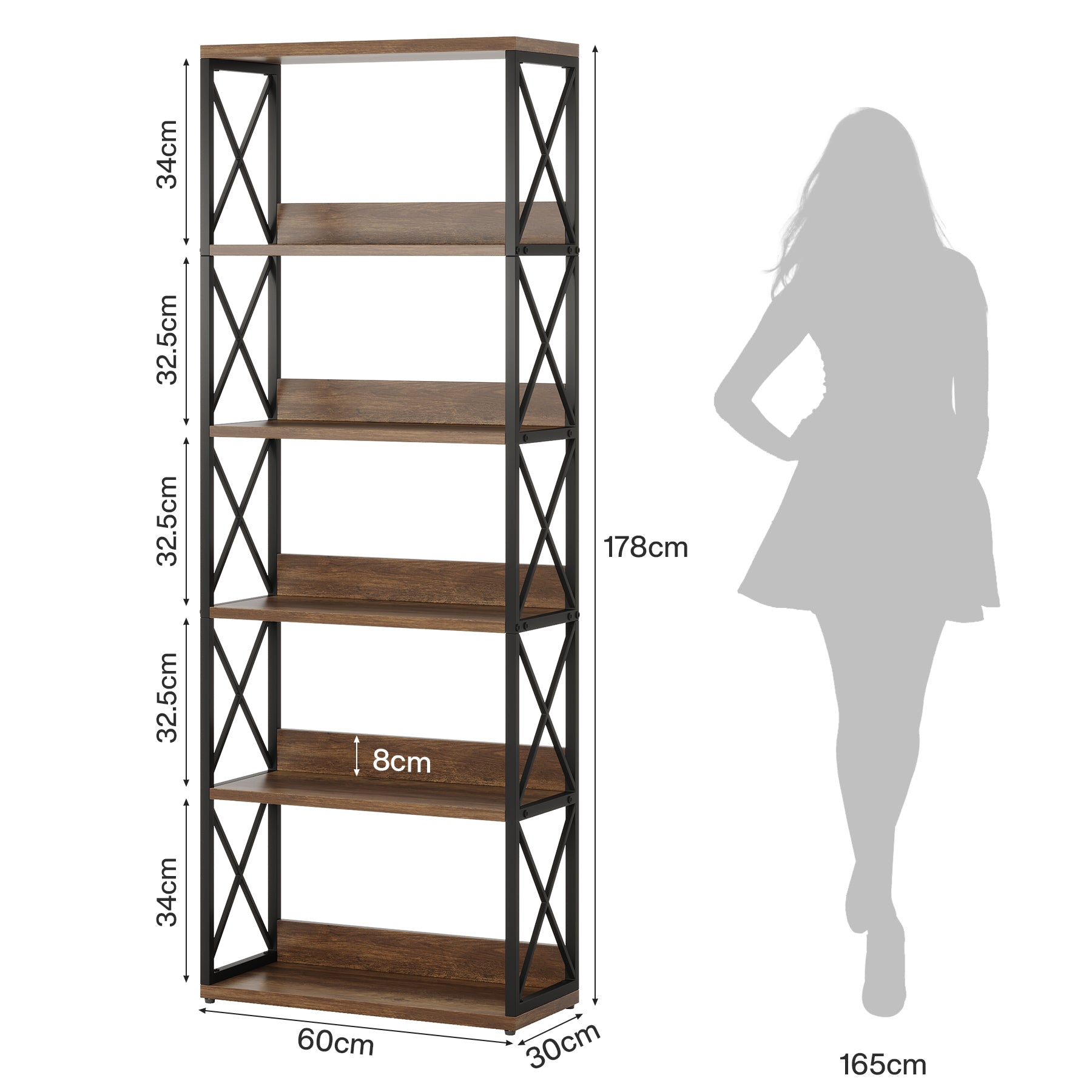 177.5 CM Standbücherregal, 6-stöckiges Etagere-Bücherregal mit offenen Regalen