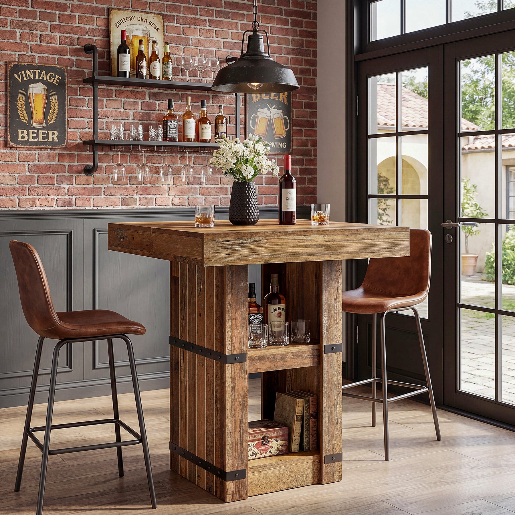 Tribesigns Bartisch 80 × 80 cm mit Stauraum, Hoher Stehtisch 95 cm, Küchentisch im Industrial-Landhausstil