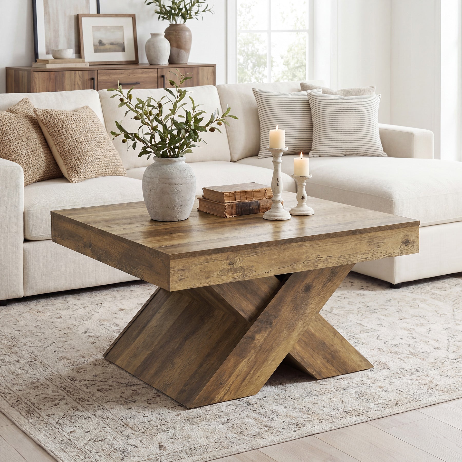 Tribesigns Quadratischer Couchtisch 80 cm, Wohnzimmertisch in Eichenoptik mit stabilem X-Gestell