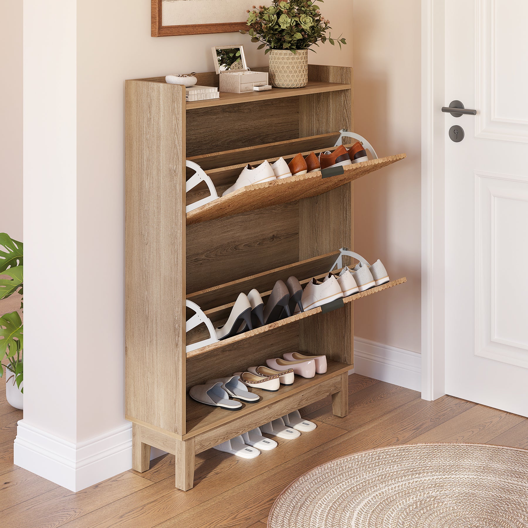 Schmaler Schuhschrank 80 cm – Schuhkipper mit 2 Klappen & Schubladen, Schuhkommode aus Holz für Flur & Eingangsbereich