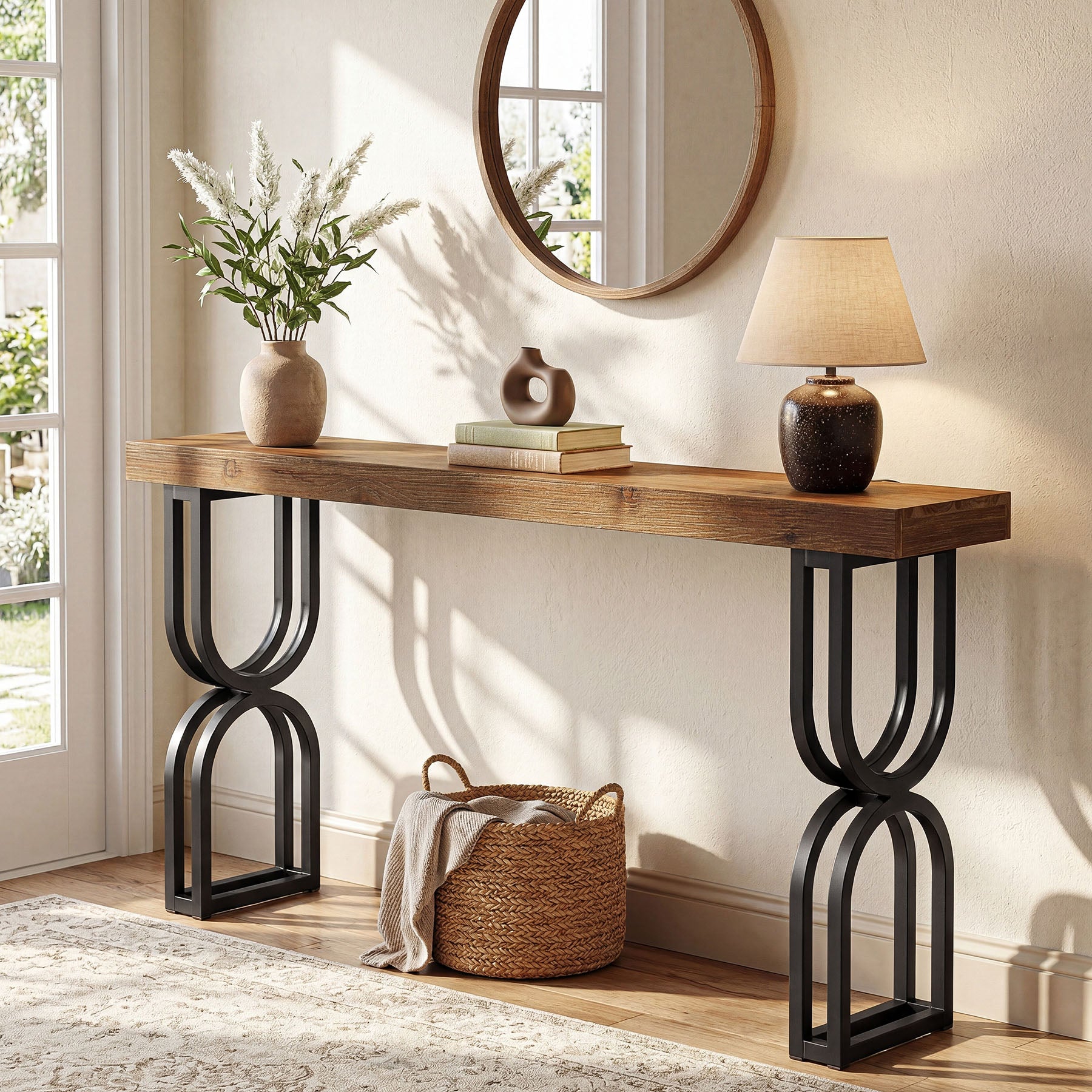 Tribesigns Konsolentisch aus Massivholz, 150 cm schmaler Flurtisch im Industrial-Stil mit U-förmigen Metallbeinen