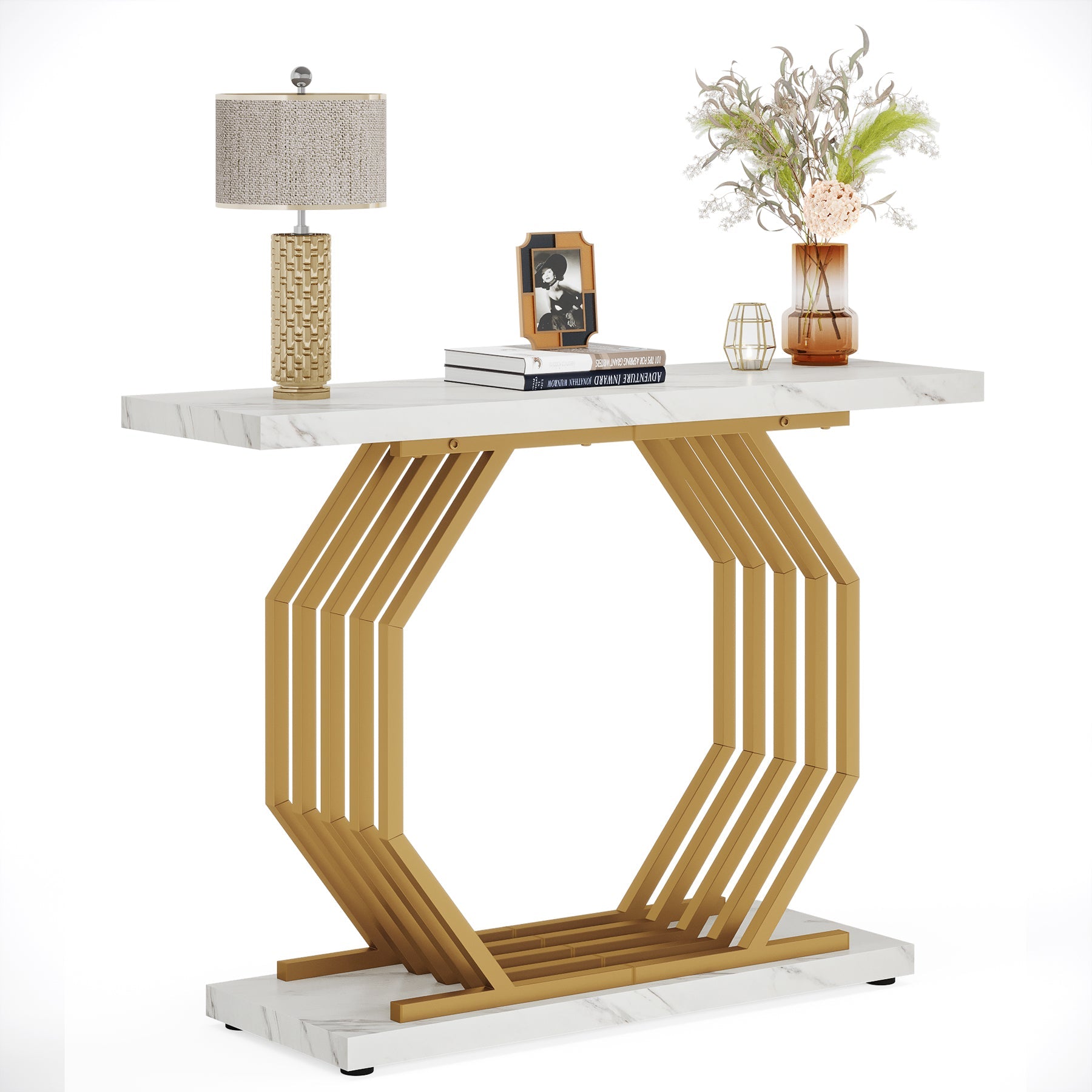 Console Table, 40" Faux Marble Sofa Table with Geometric Metal Base Tribesigns