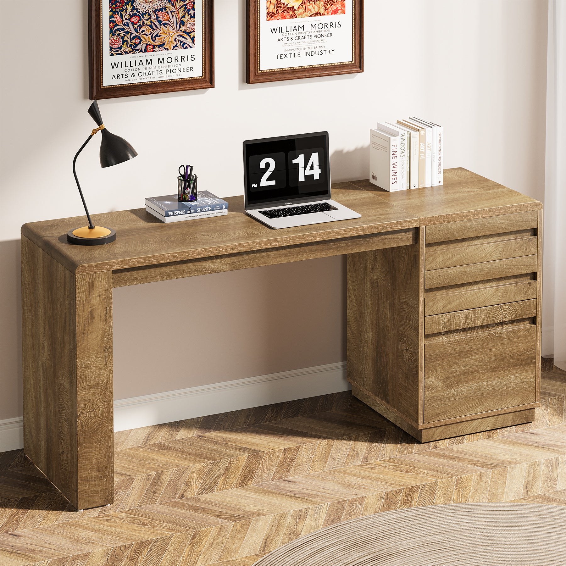 Tribesigns Schreibtisch 140 cm mit 3 Schubladen, Home-Office Schreibtisch mit verstellbarem Hängeregister-Schubladenschrank