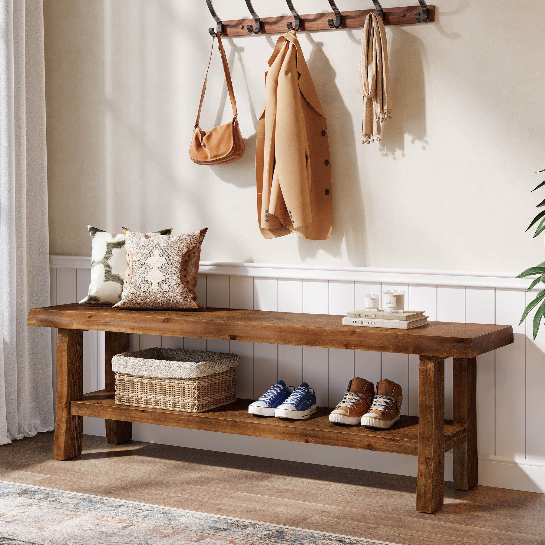 Tribesigns Massivholz Schuhbank 140 cm mit Ablage, Sitzbank für 2–3 Personen im Landhausstil