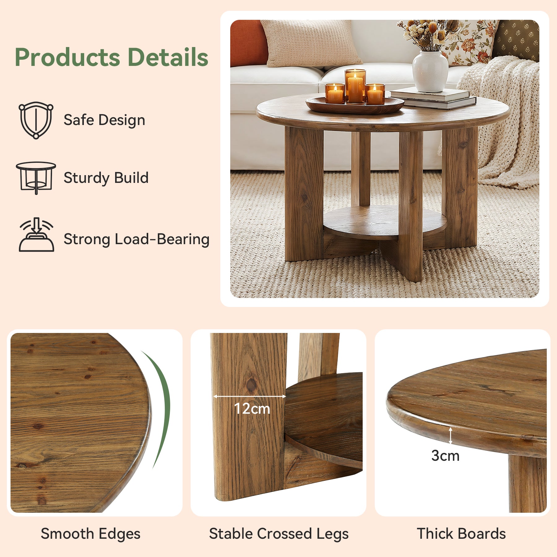 Tribesigns Runder Couchtisch aus Massivholz, 2 Ebenen Wohnzimmertisch mit Ablage