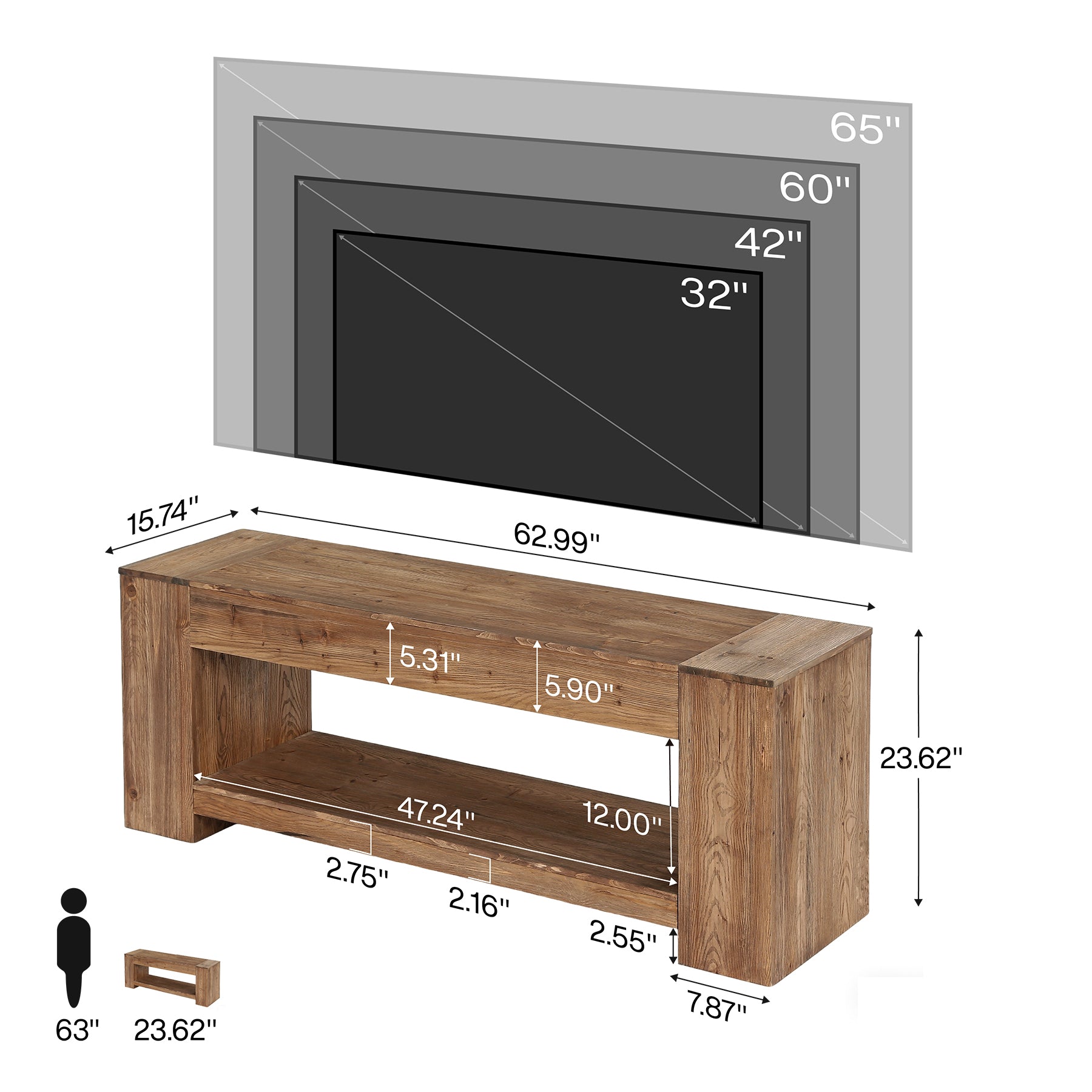 Tribesigns Massivholz TV-Lowboard 160 cm für Fernseher bis 75 Zoll, Landhaus TV-Schrank mit offener Ablage