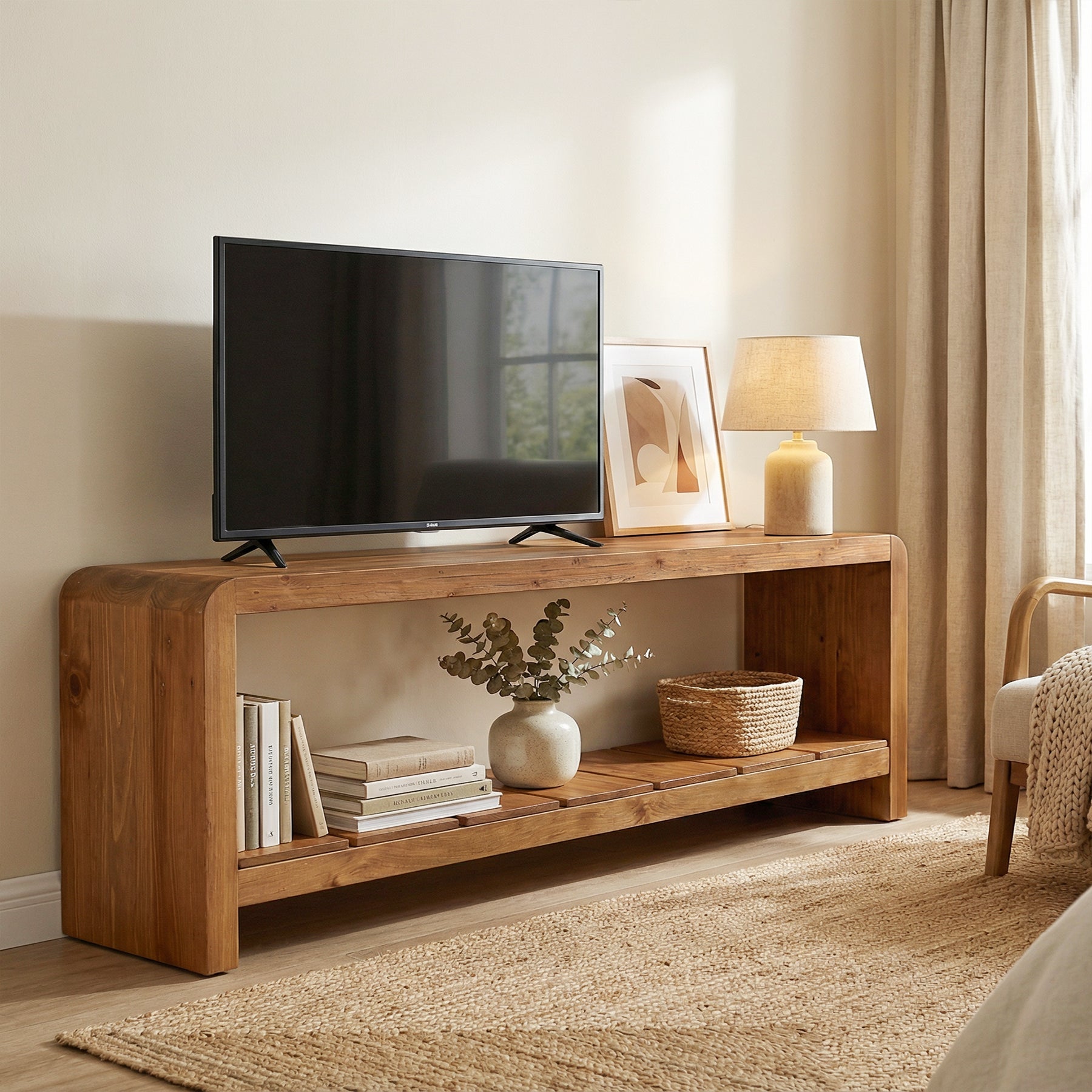 Tribesigns TV-Lowboard 150 cm aus Massivholz für 55–65 Zoll Fernseher, TV-Schrank im Landhausstil mit offener Ablage