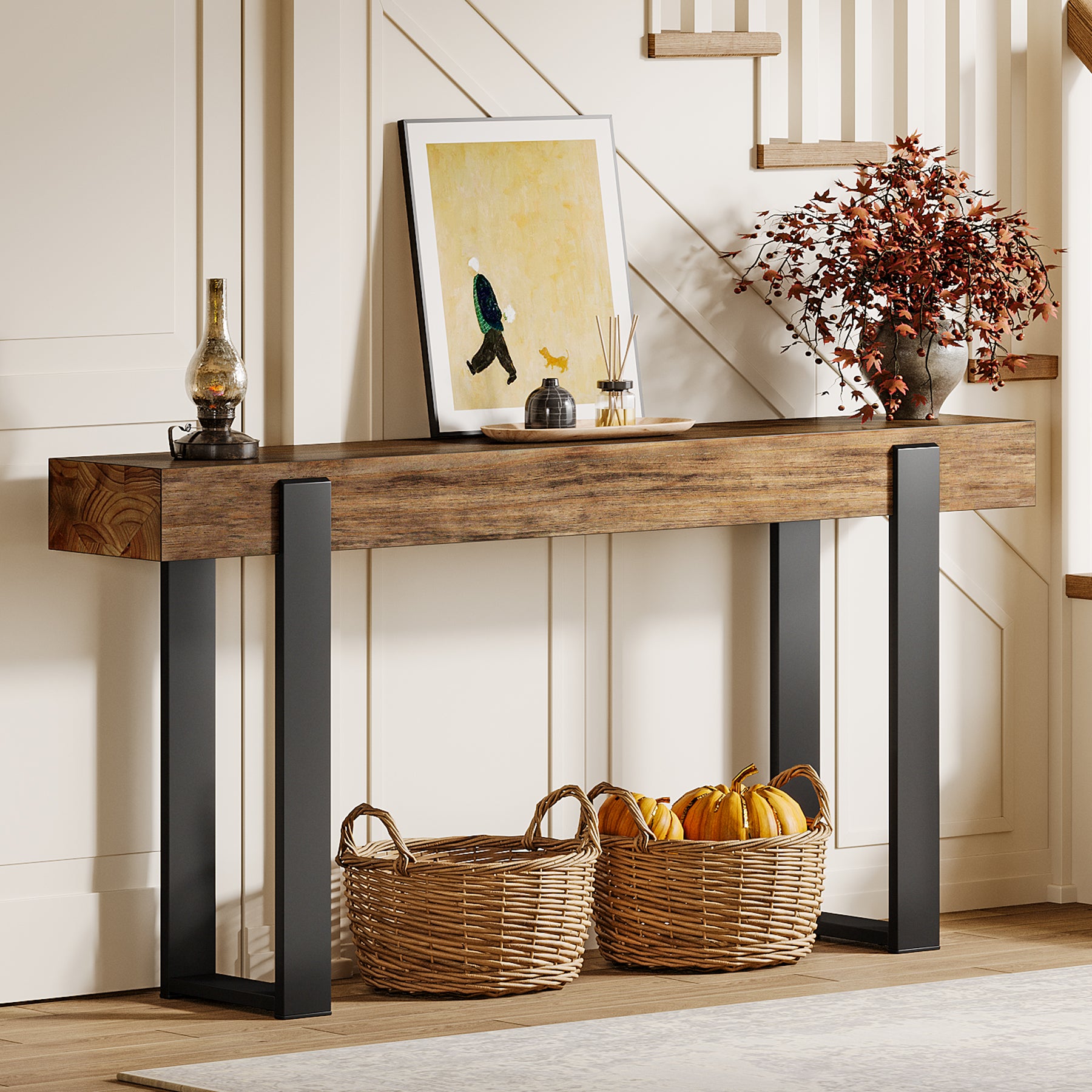 Tribesigns Schmaler Konsolentisch 160 cm, Massivholz Sofatisch mit Metallbeinen, Flurtisch im Industrial-Landhausstil