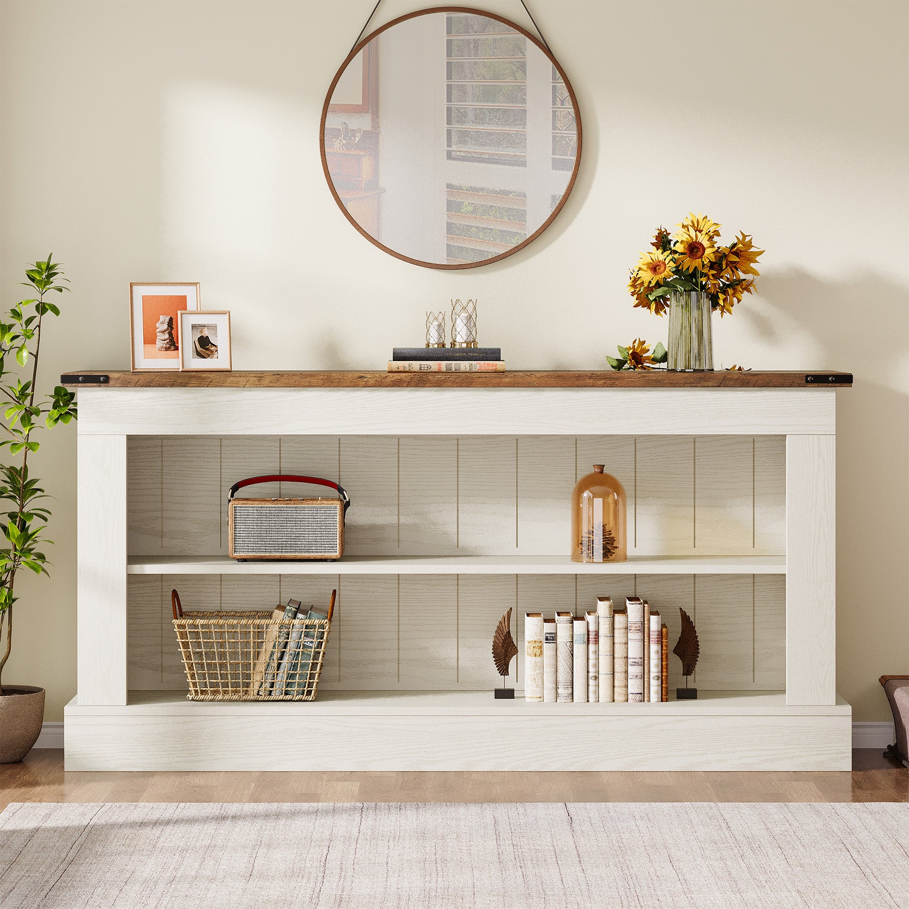 Schmaler Konsolentisch 160 cm mit Ablagen, Landhaus Flurtisch für Eingangsbereich & Sofa