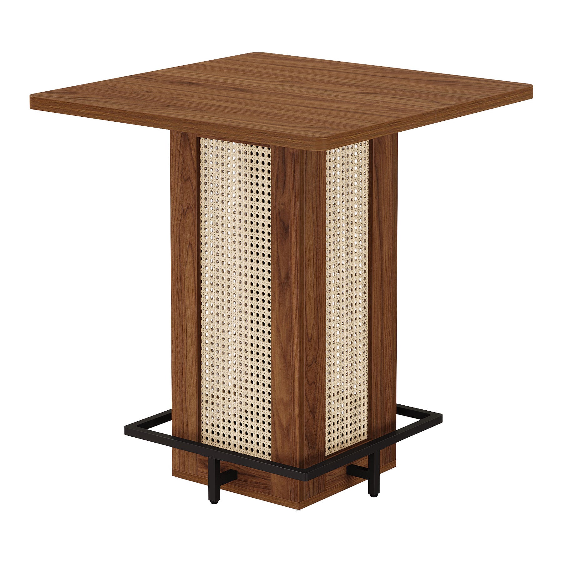 Tribesigns Quadratischer Bartisch im Landhausstil, kompakter Stehtisch mit Rattan-Optik & Metall-Fußstütze
