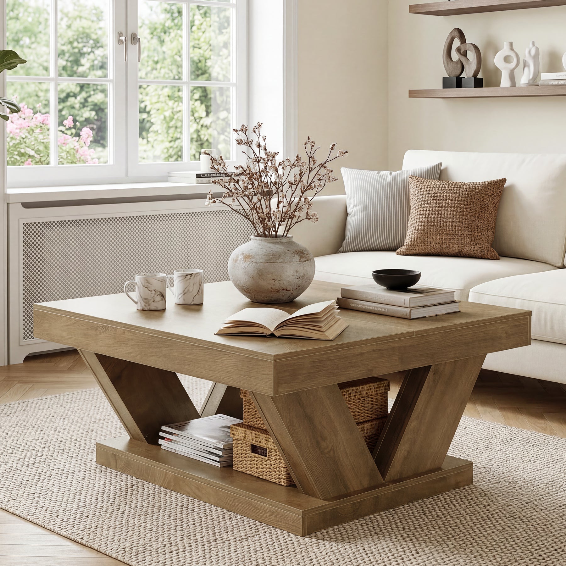 Tribesigns Quadratischer Couchtisch 100x100 cm, 2-stufiger Wohnzimmertisch im Landhausstil mit Ablage