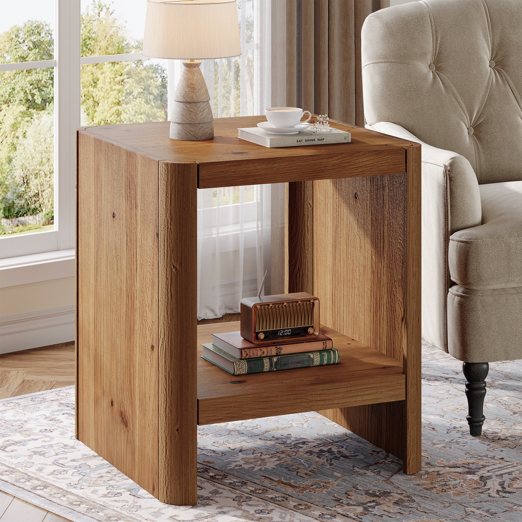 Tribesigns Beistelltisch Massivholz 2 Ebenen, kleiner Nachttisch mit Ablage
