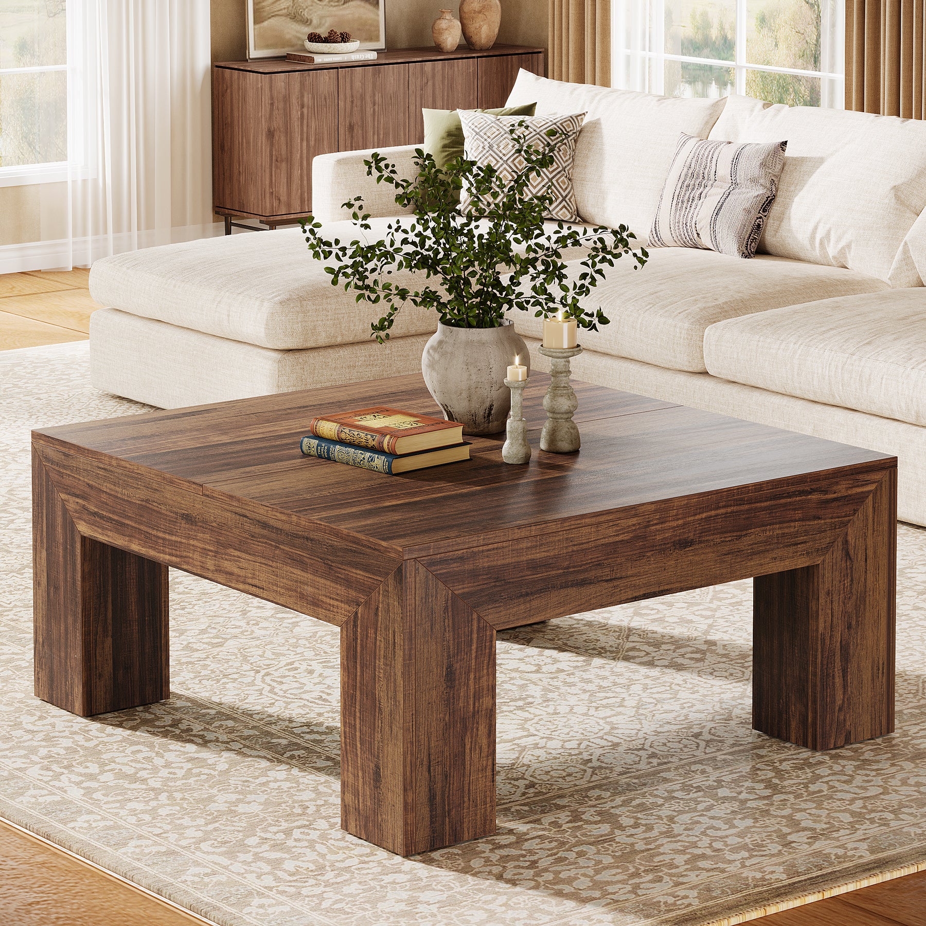 100 cm Quadratischer Couchtisch, Wohnzimmertisch aus Holz mit robusten Beinen für Sofa & Schlafzimmer
