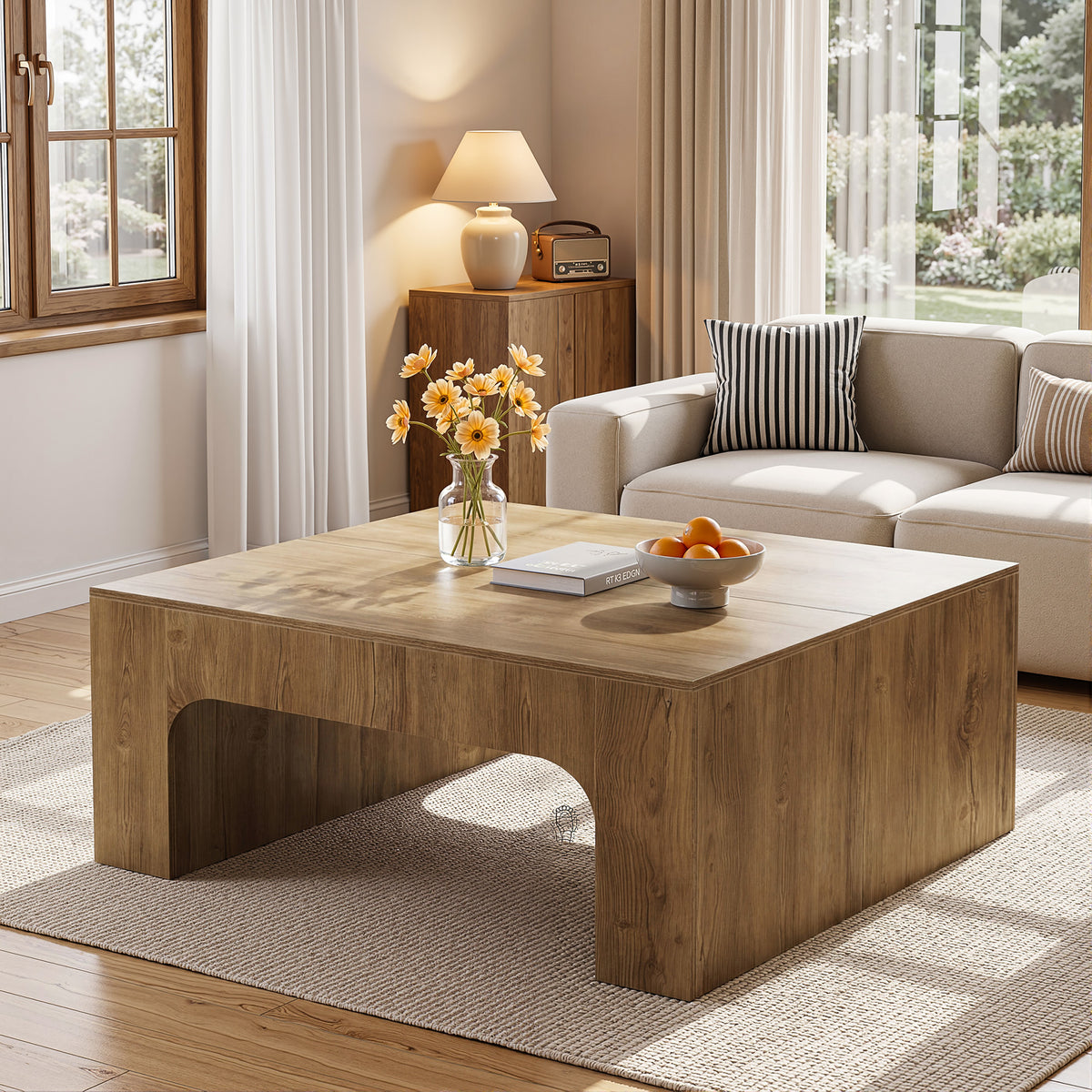 Tribesigns Quadratischer Couchtisch 100 cm im Landhausstil mit geschwungenem Design