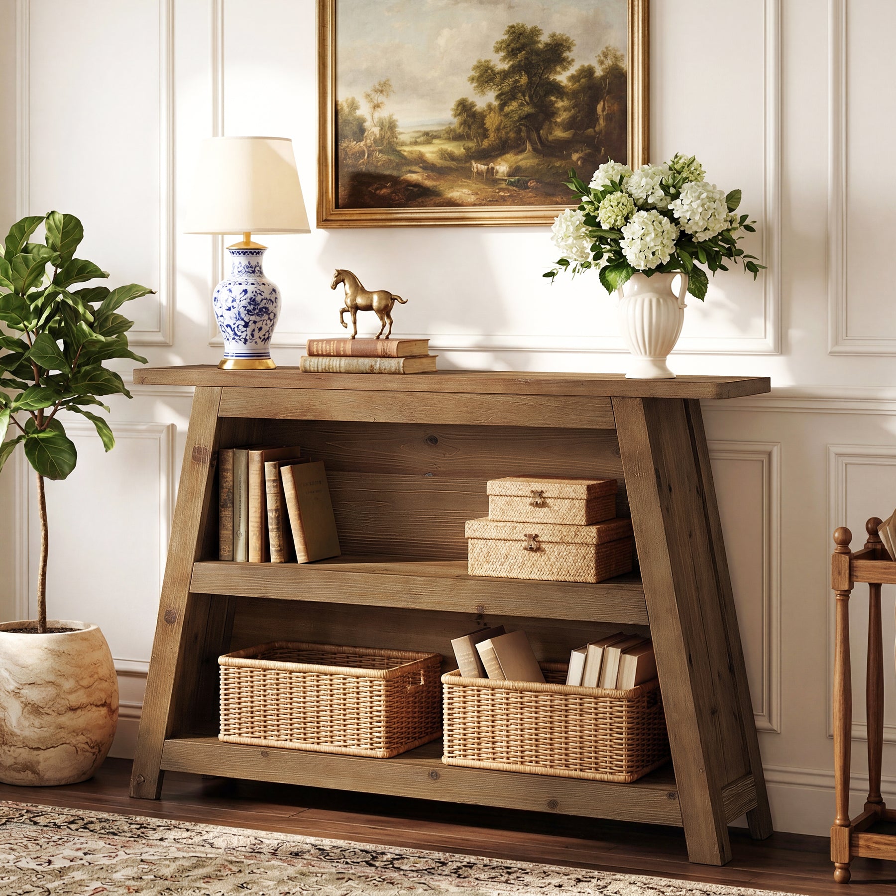 Tribesigns Massivholz Konsolentisch 120 cm, 3-stöckiger Flurtisch im Landhausstil mit Ablagen