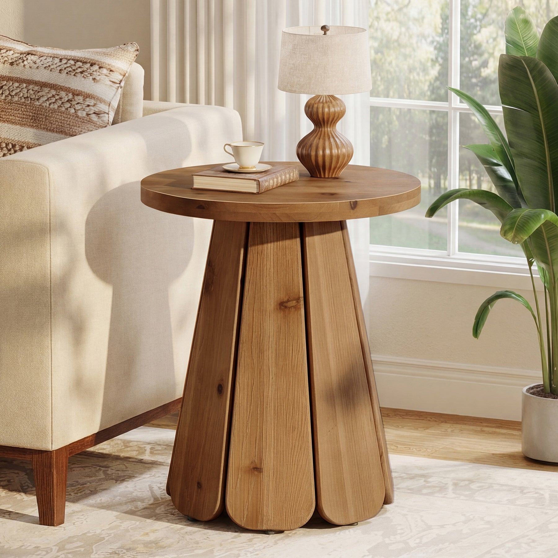 Tribesigns Runder Beistelltisch aus Massivholz, 50 cm Couchtisch im Landhausstil mit skulpturalem Standfuß