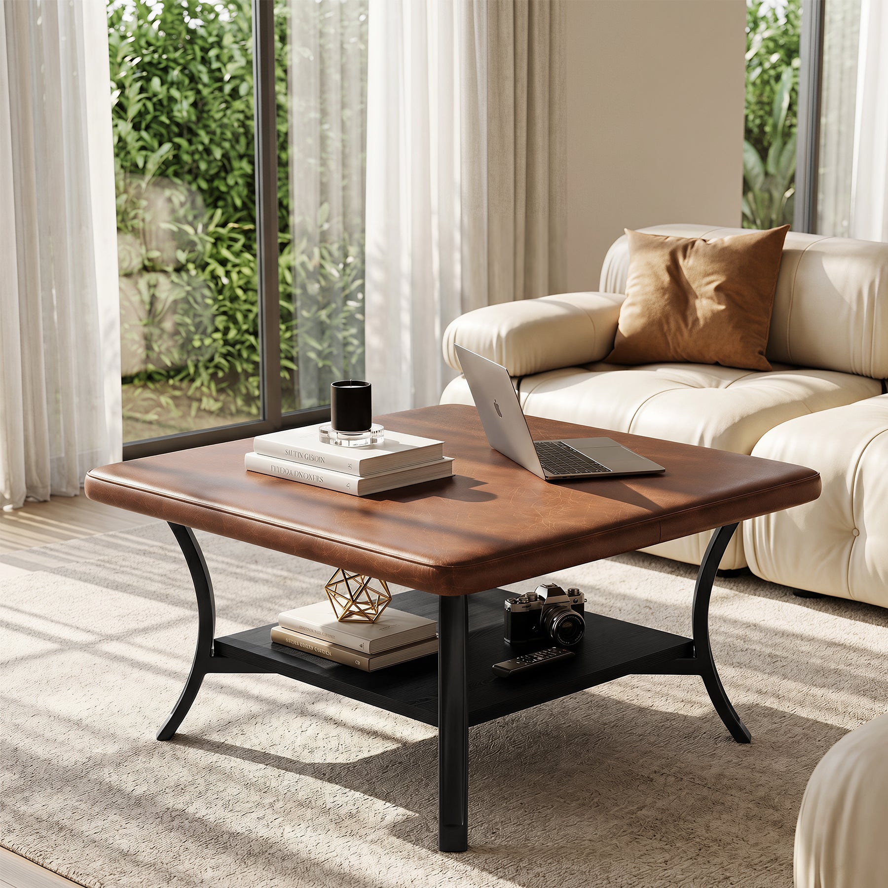 Tribesigns 80 cm Quadratischer Couchtisch mit PU-Leder, Gepolsterte Ottomane mit Ablage