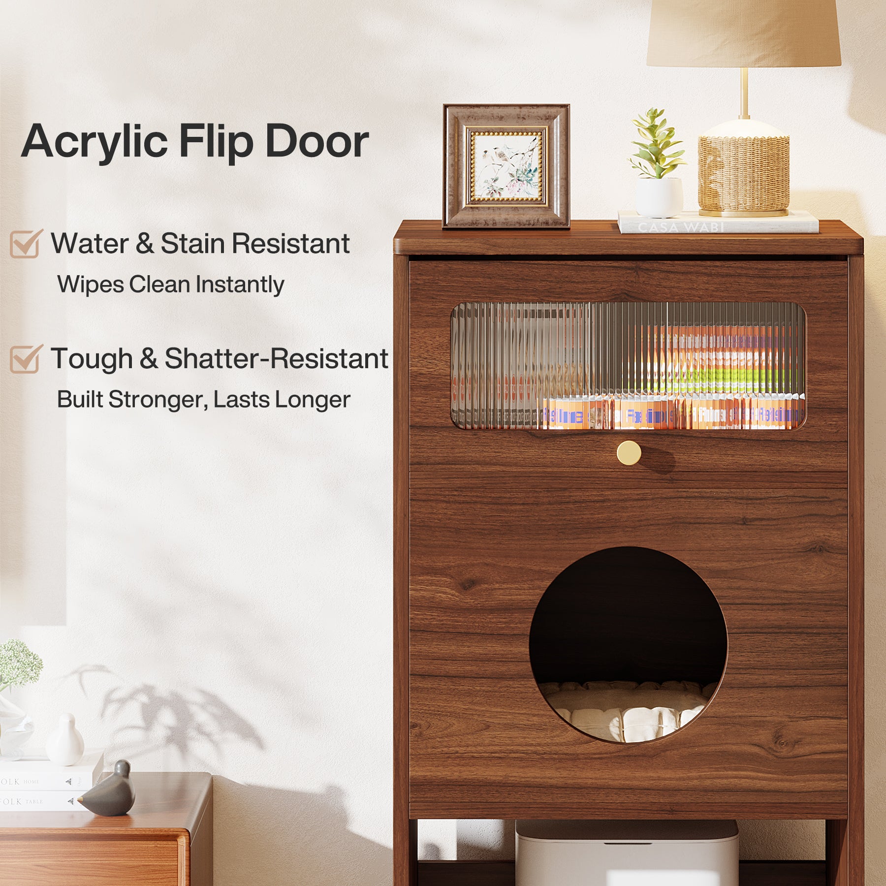 Katzenhaus Möbel mit Stauraum – Katzenklo Schrank & Beistelltisch 2-in-1, Indoor Katzenmöbel für kleine Wohnungen