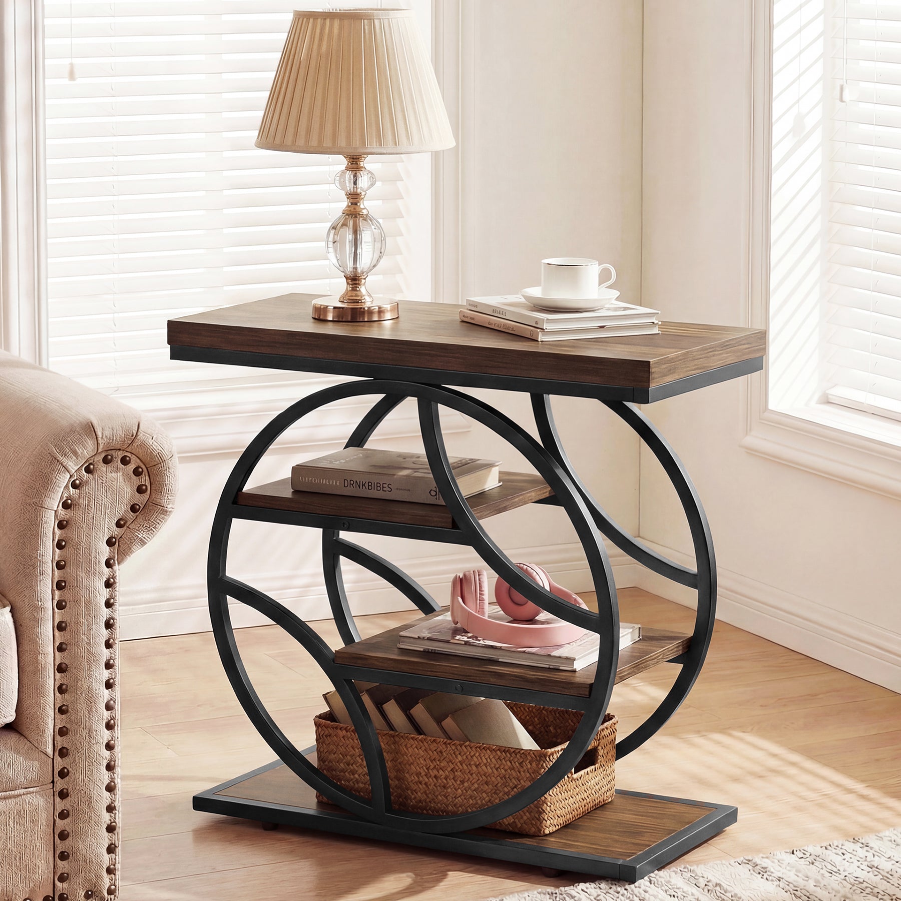 Tribesigns 4-stufiger Beistelltisch, schmaler Sofatisch mit Metallrahmen & Ablagen, industrieller Nachttisch