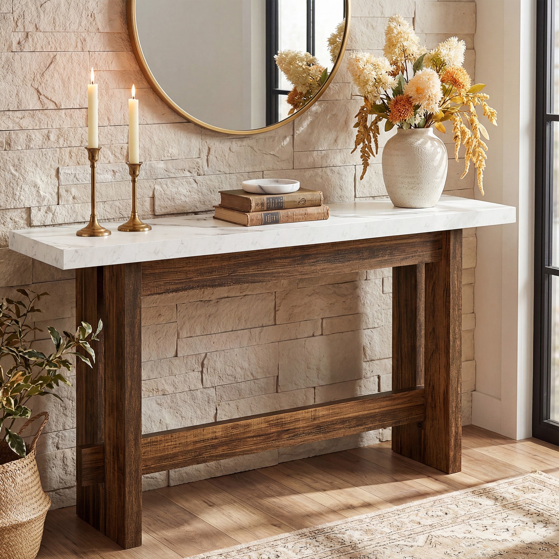 Tribesigns Konsolentisch Landhausstil, 160 cm Flurtisch mit Marmoroptik-Tischplatte
