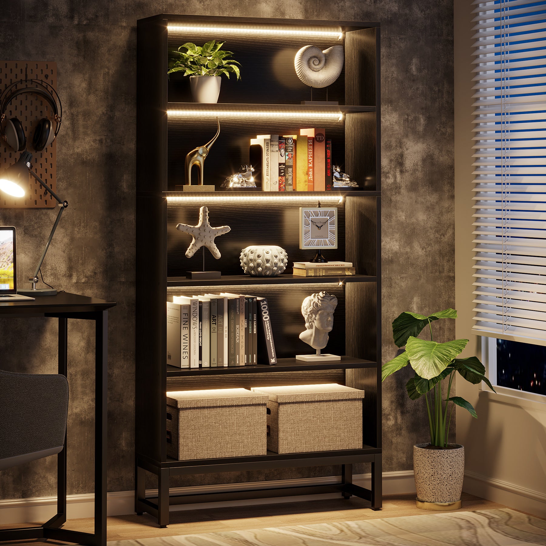 Tribesigns Bücherregal mit LED Beleuchtung, 180 cm Hohes Schwarzes Standregal mit 5 Ebenen